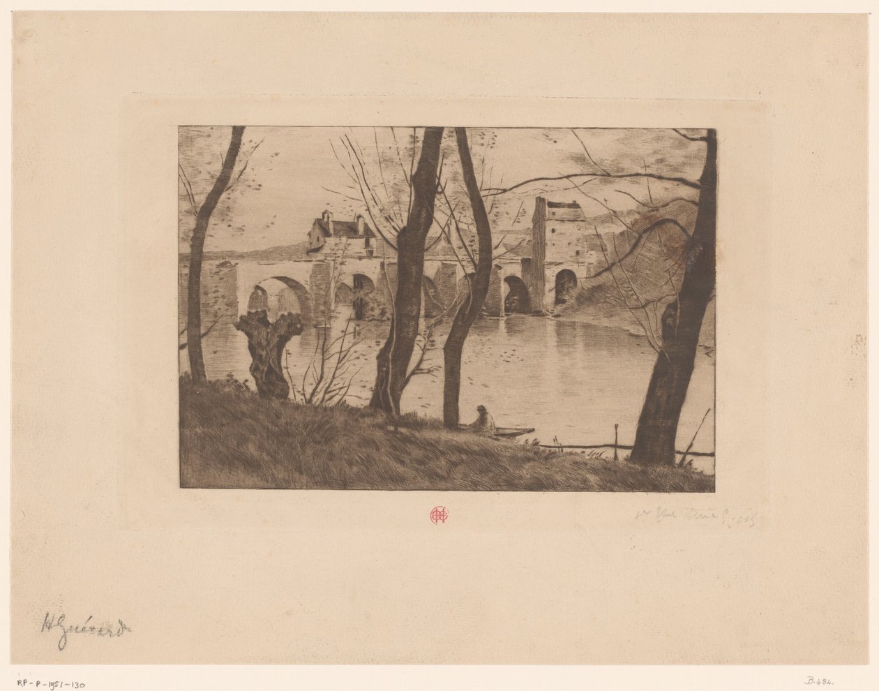 Udsigt over broen ved Mantes-la-Jolie af Henri Charles Guérard