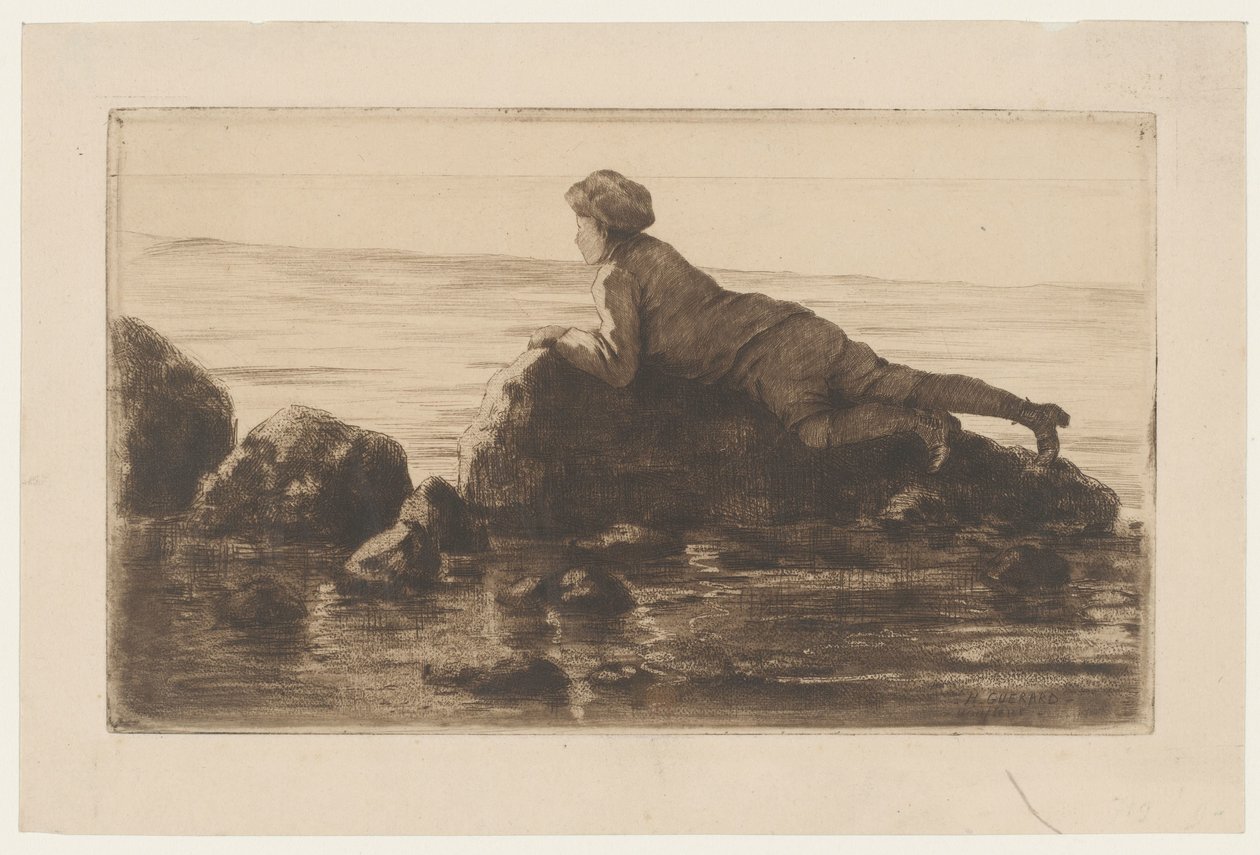 Dreng liggende på kampesten på stranden af Henri Charles Guérard