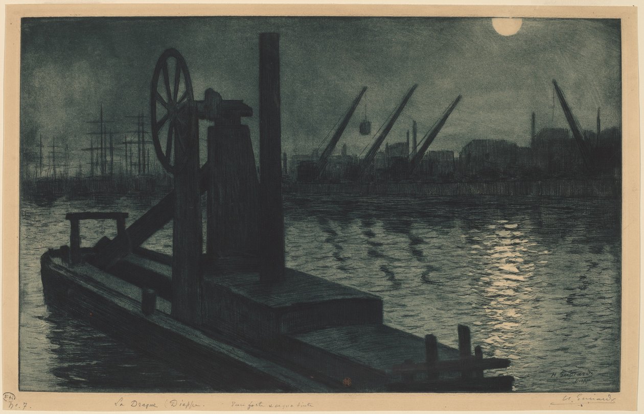 La Drague Dieppe (En uddybningsmaskine i Dieppe Havn ved Moonlight) af Henri Charles Guérard