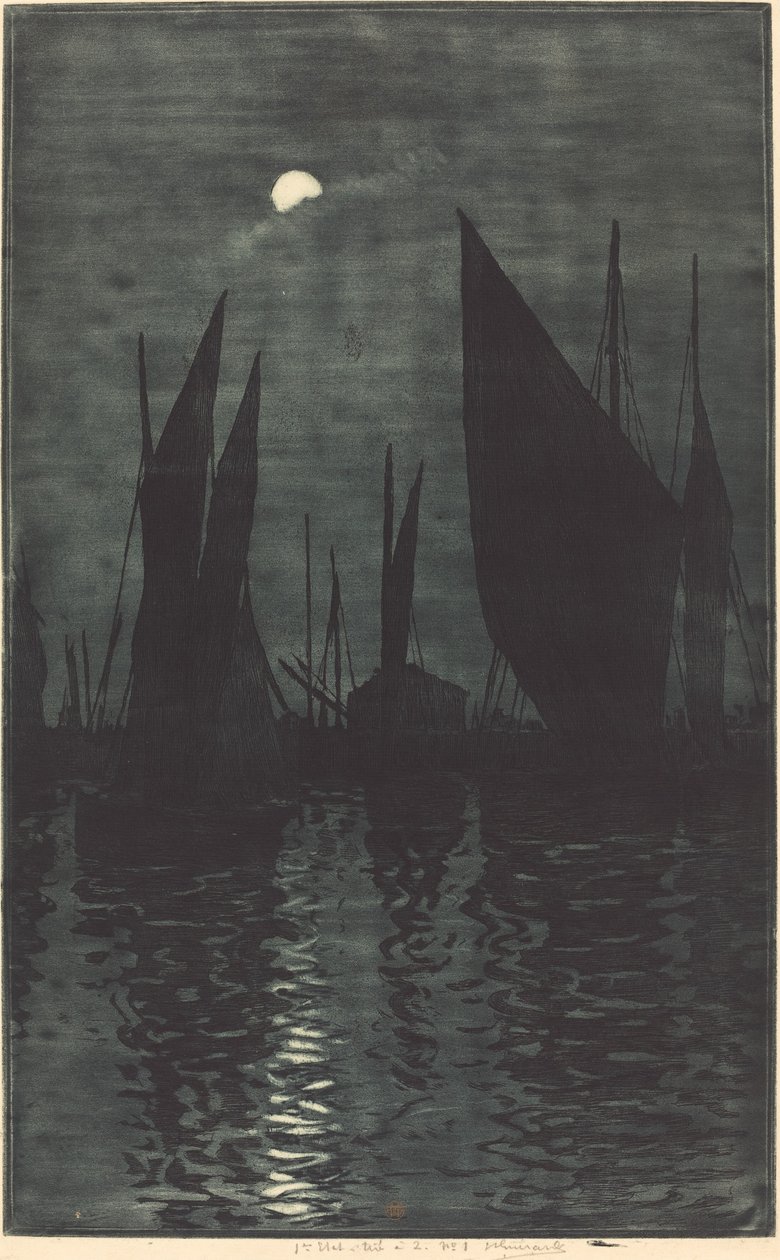 Måneskin i havnen ved Dieppe af Henri Charles Guérard