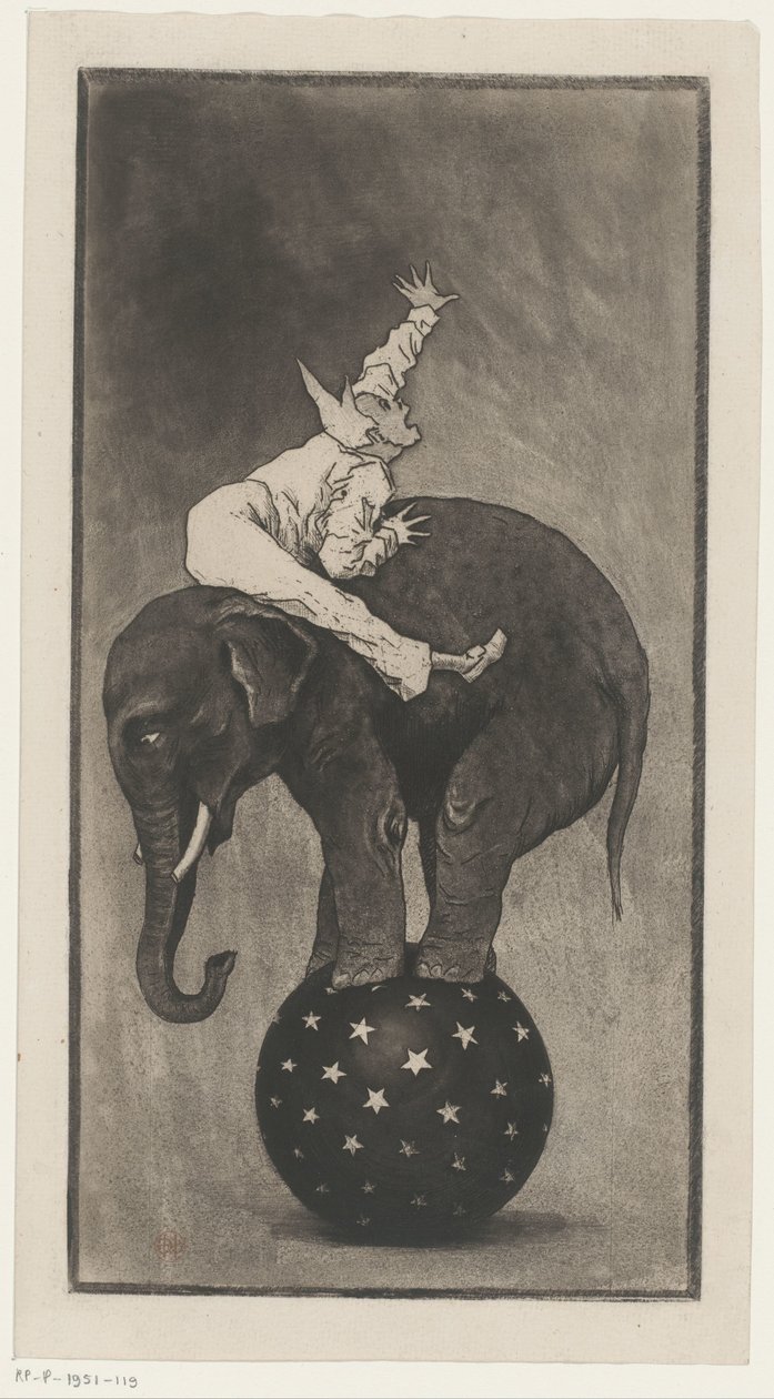 Elefant balancerer på en bold med en mand på ryggen af Henri Charles Guérard