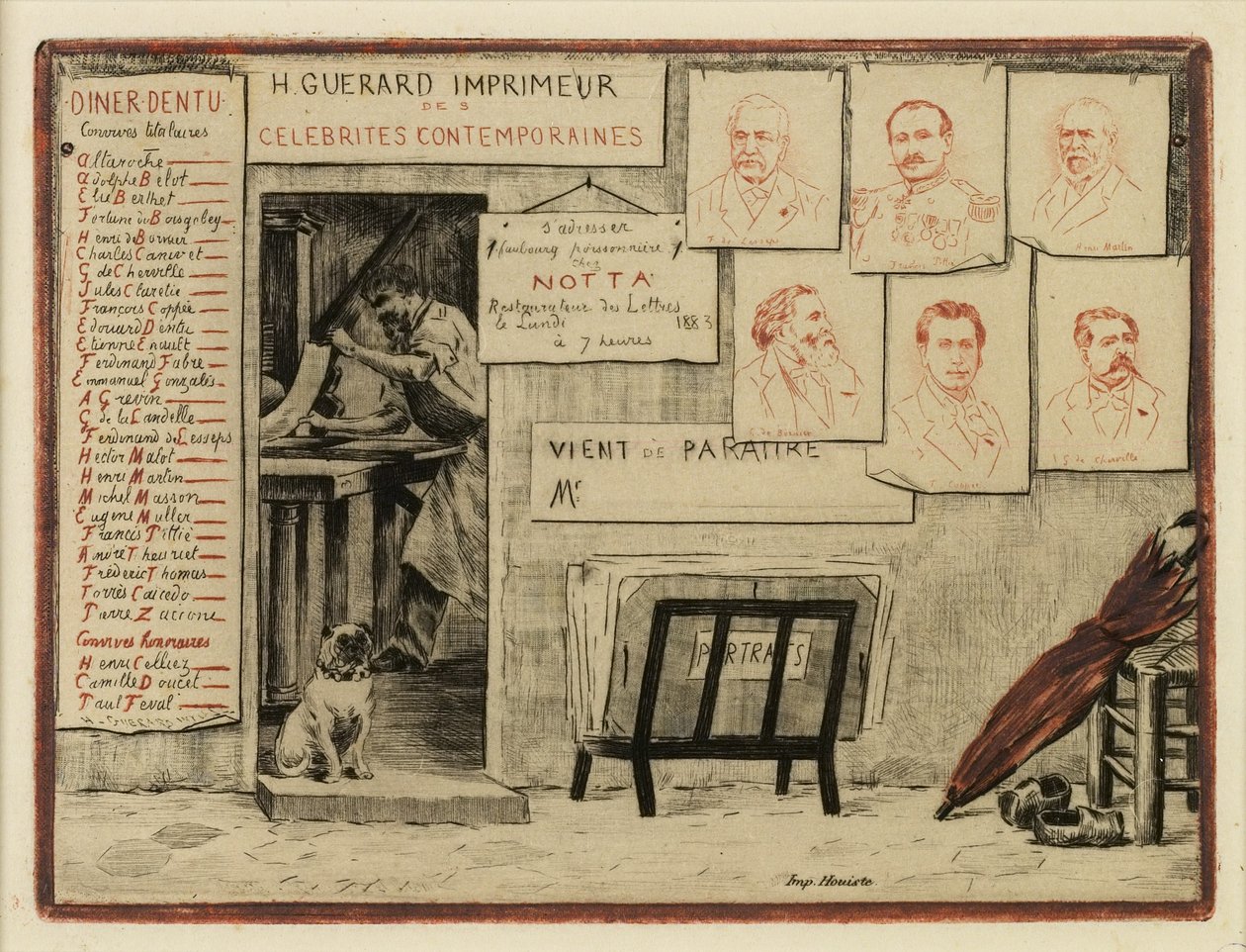 Portrætter af herrerne de Lesseps, Coppée, General Pittié, de Bornier, Henri Martin, Mis de Cherville, 1883 (radering, tørnål) af Henri Charles Guérard
