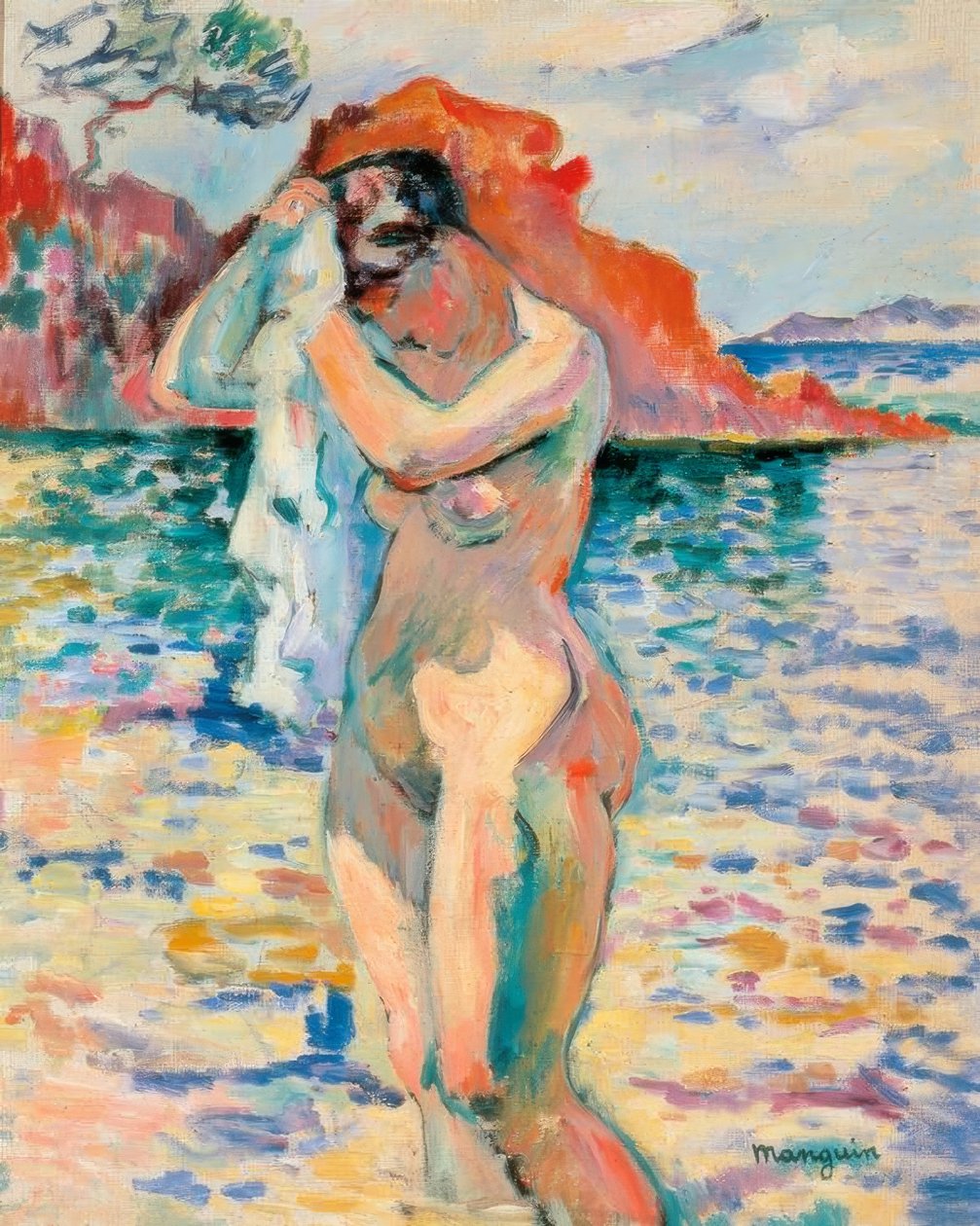 En badende tørrer sit hår ved havet af Henri Charles Manguin