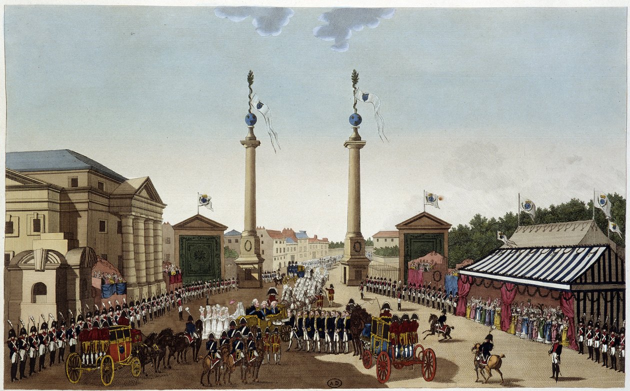Saint-Denis-barrieren ved overdragelsen af nøgler til Louis XVIII den 3. maj 1814 - i "" Vues de Paris"" af Courvoisier 1827 af Henri Courvoisier Voisin