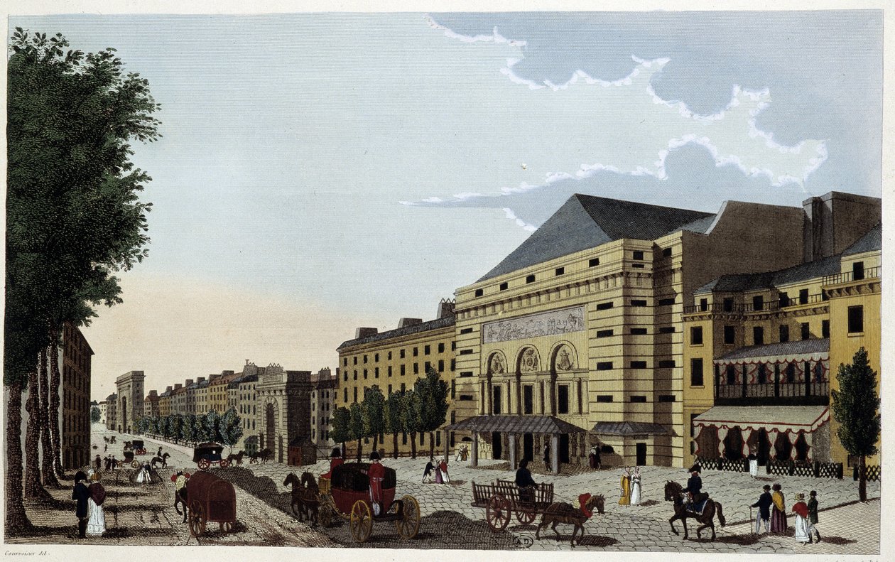 Porte Saint Martin teater. Stik af Courvoisier af Henri Courvoisier Voisin