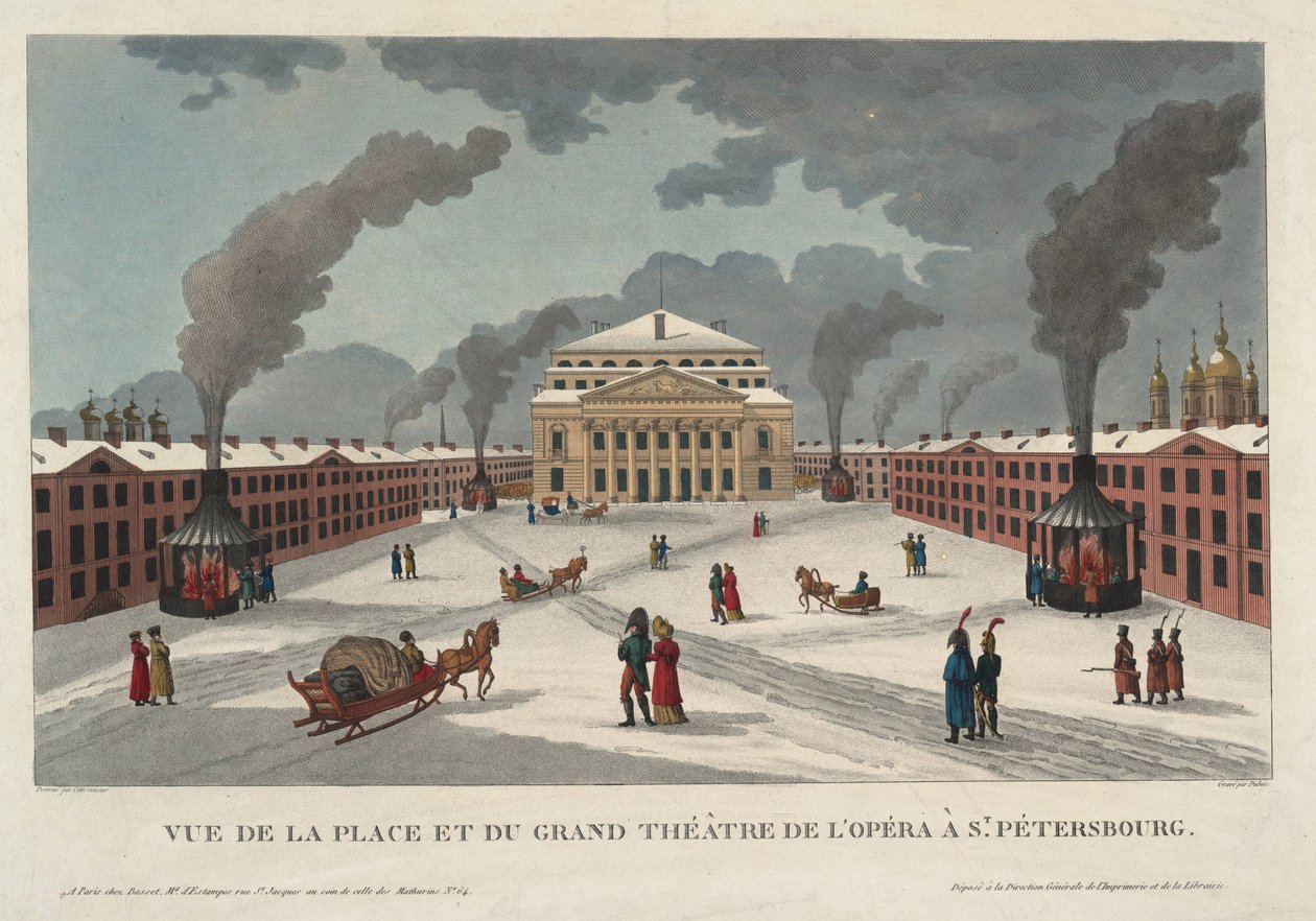 Saint Petersburg Imperial Bolshoi Kamenny Theatre - Courvoisier-Voisin, Henri (1757-1830) - ca. 1811 - Radering, akvarel - 41,7x58 - Privat samling af Henri Courvoisier Voisin