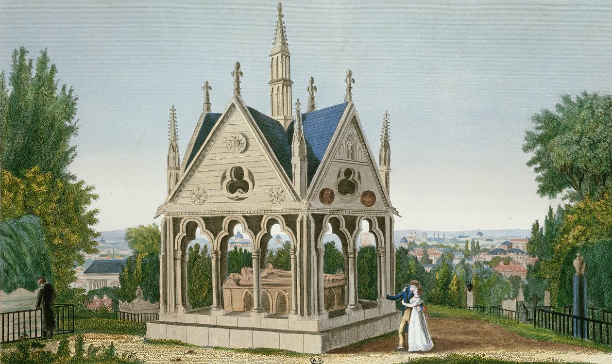 Heloises og Abelards grav på Pere Lachaise-kirkegården, 1815-20 (farvegravering) af Henri Courvoisier Voisin