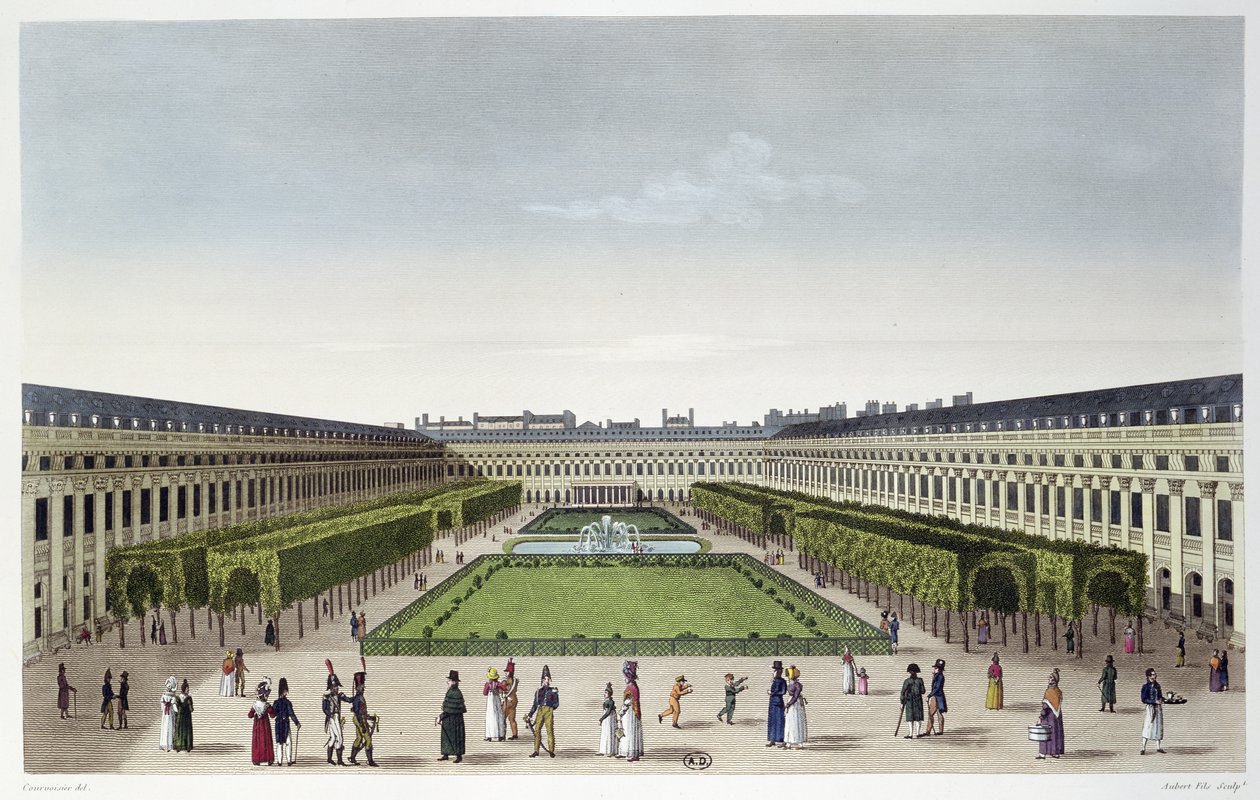 Udsigt over Palais Royals haver set fra Galeries de Bois, indgraveret af Aubert Fils, ca. 1815-20 af Henri Courvoisier Voisin