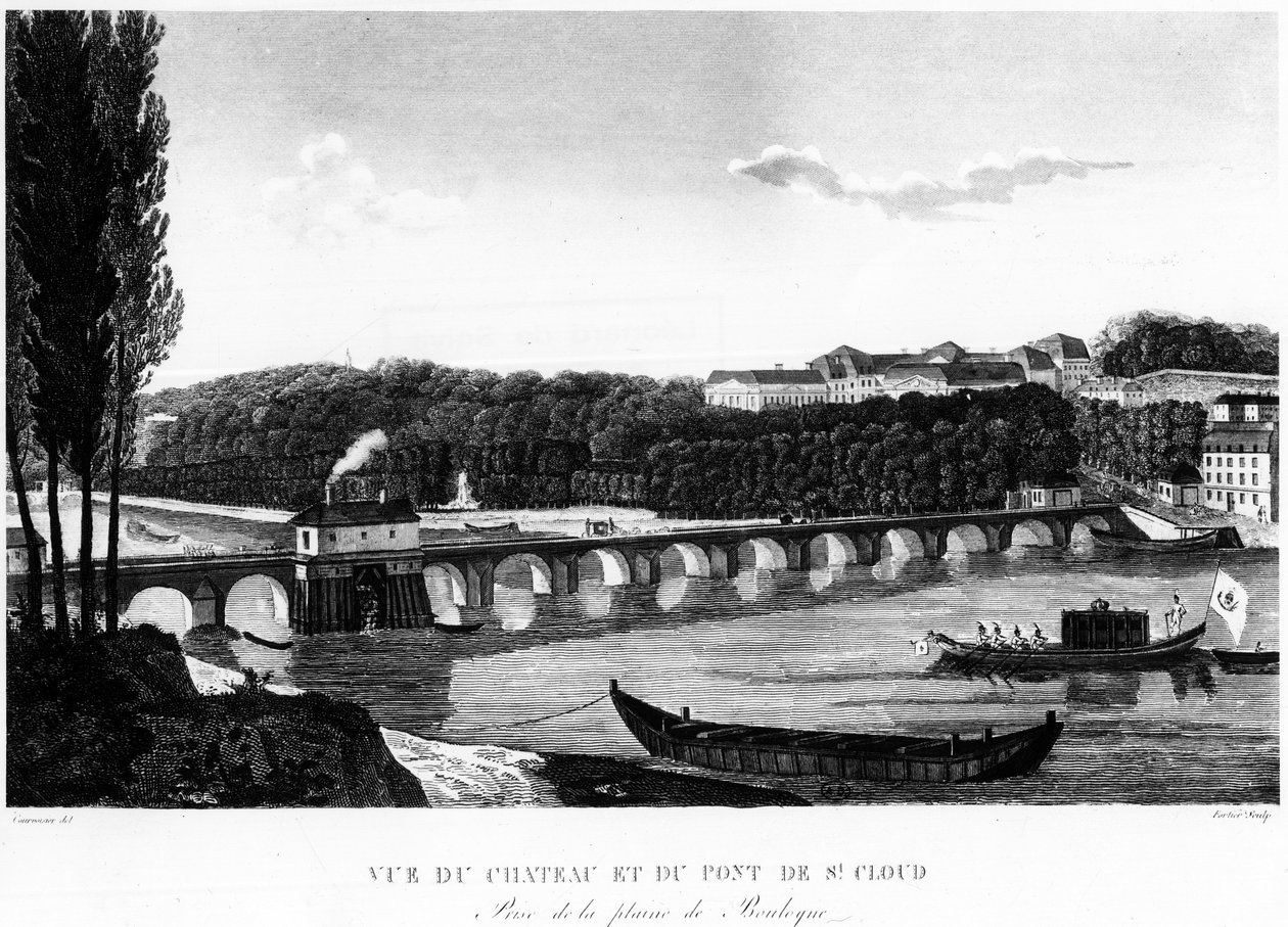 Udsigt over slottet og broen i Saint-Cloud - tegning af Courvoisier af Henri Courvoisier Voisin