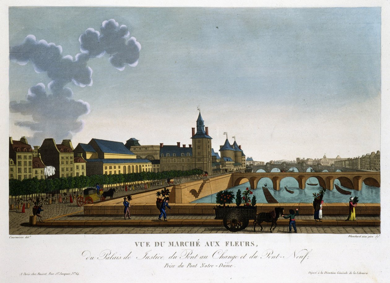 Udsigt over blomstermarkedet, byttebro og ny bro - i "" Vues de Paris"" af Courvoisier af Henri Courvoisier Voisin