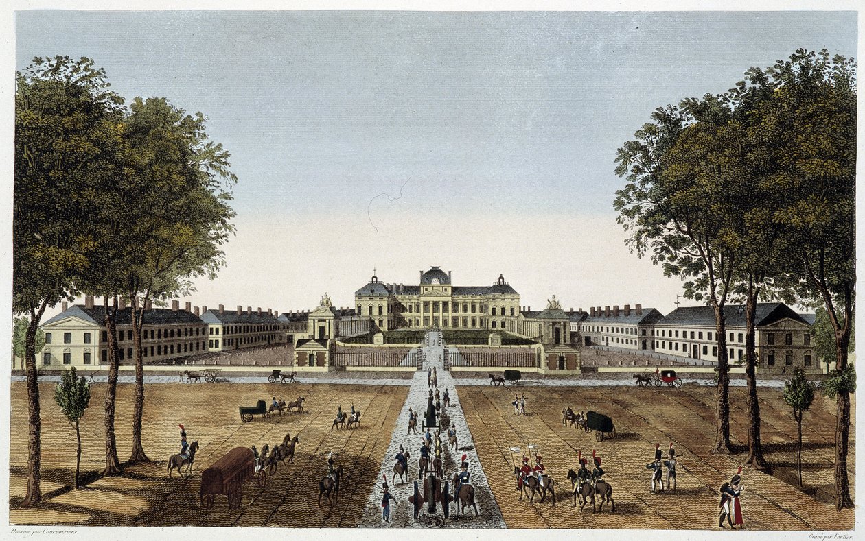 Udsigt over Den Kongelige Militærskole, udsigt fra Avenue Vaugirard, ca. 1820 - i ""Views of Paris"" af Courvoisier af Henri Courvoisier Voisin