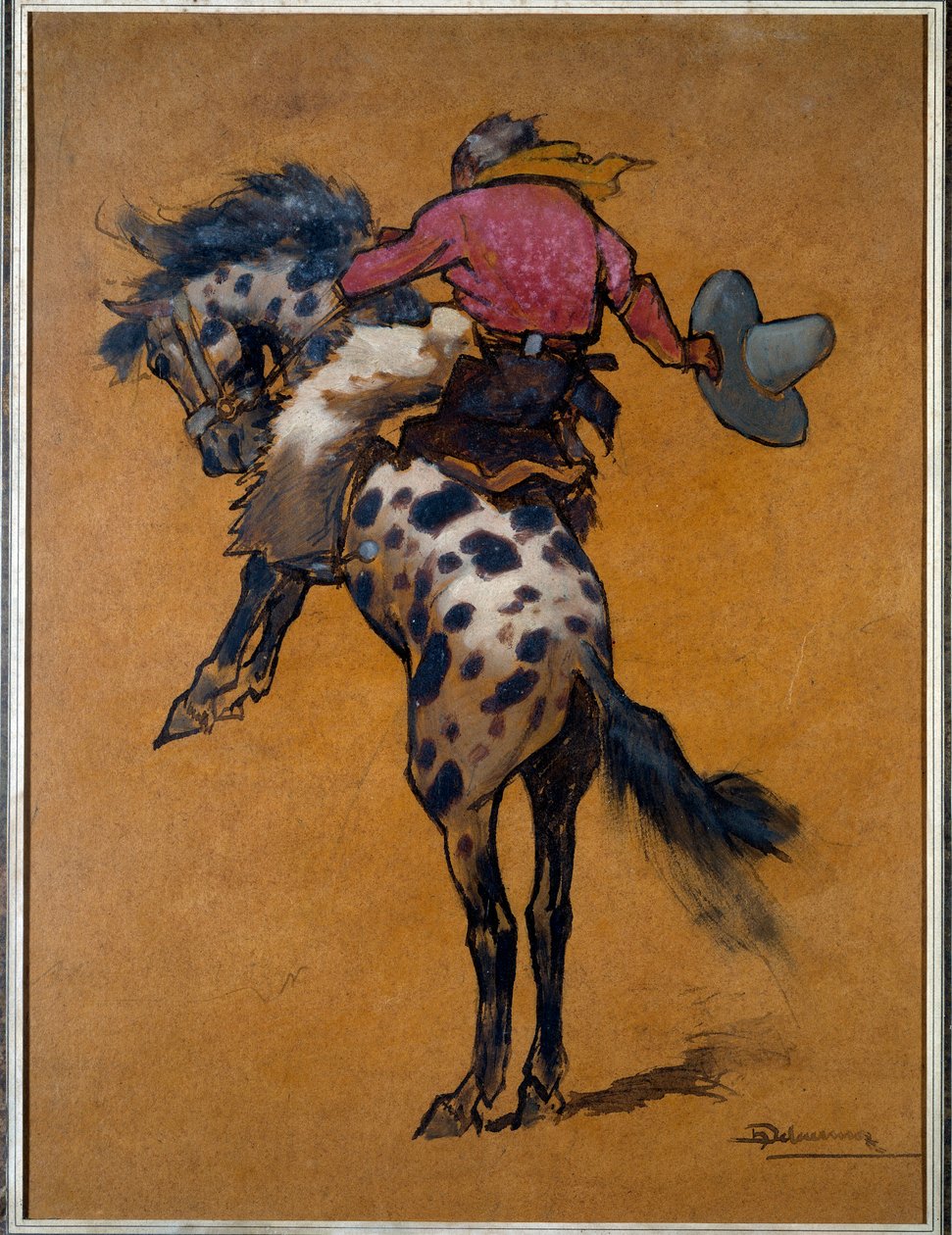 Rodeo: "" Cowboy on a horse bronco cabre"" Tegning af Henri Deluermoz (1876-1943) 20. århundrede La Rochelle, New World Museum af Henri Deluermoz