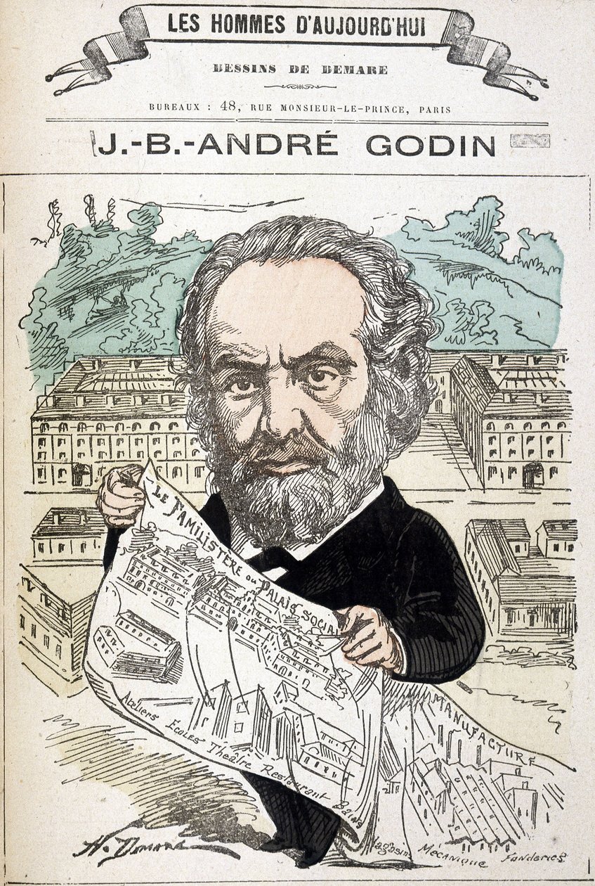 Jean Baptiste André Godin (1817-1888), industriel grundlægger af familien. Tegning af Demare I “The men of today””. af Henri Demare