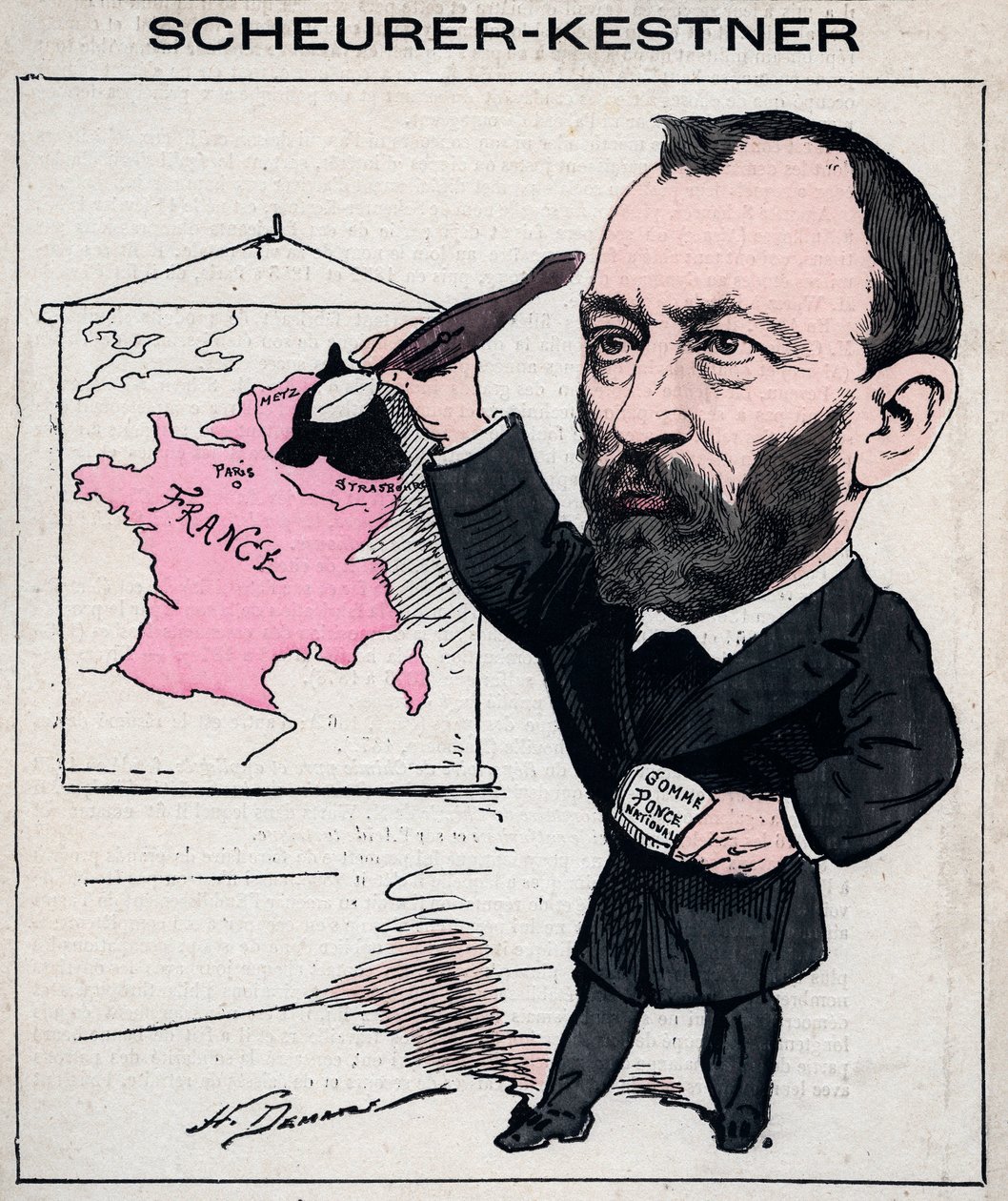 Portræt af Auguste Scherer-Kestner (Scheurer Kestner) (1833-1899) kemiker, industrimand og alsacisk politiker - karikatur af Henri Demare i "Les Hommes d