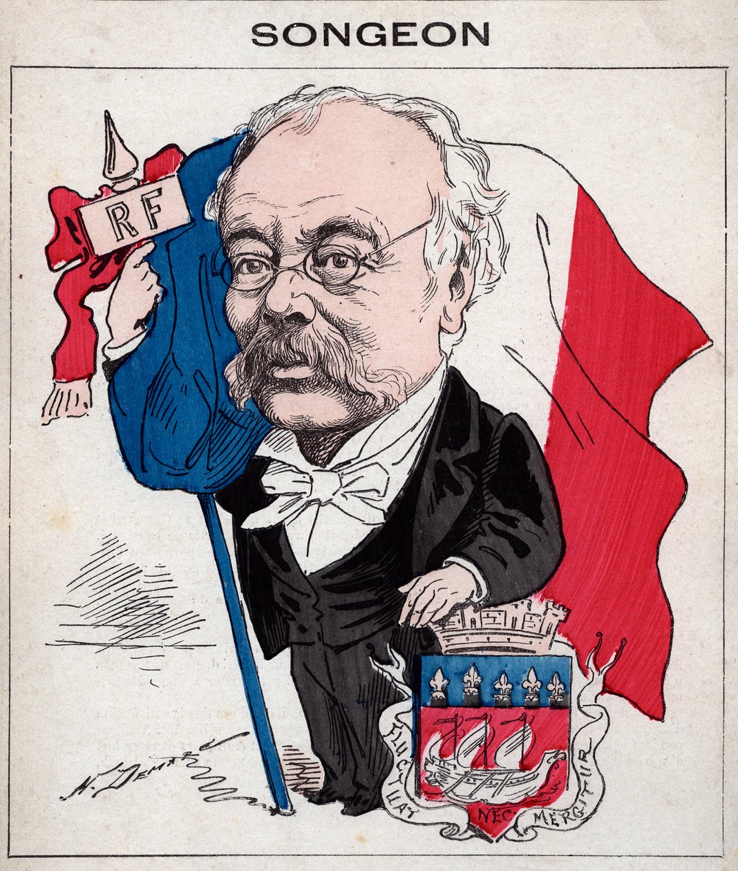 Portræt af Jacques Songeon (1818-1899) tidligere præsident for kommunalbestyrelsen i Paris - karikatur af Henri Demare i "Les Hommes d