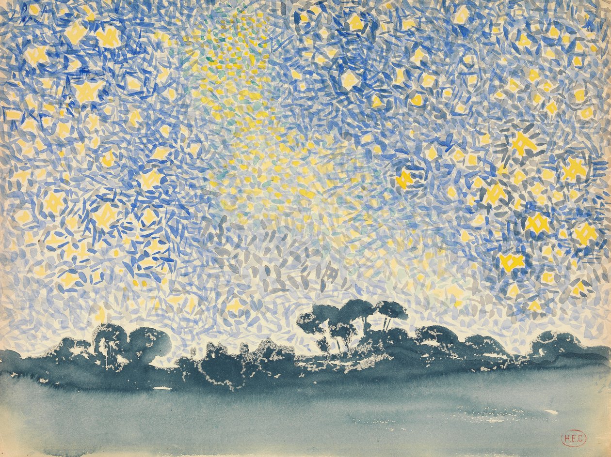 Landskab med stjerner, ca.1905-08 (wc over grafit på hvidt papir) af Henri Edmond Cross
