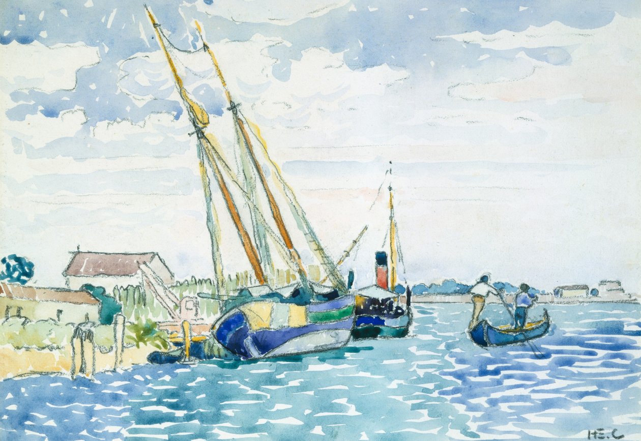 Marine Scene (både nær Venedig), 1903 (wc over grafit på hvidt vævet papir tørmonteret på kraftigt vævet kort) af Henri Edmond Cross