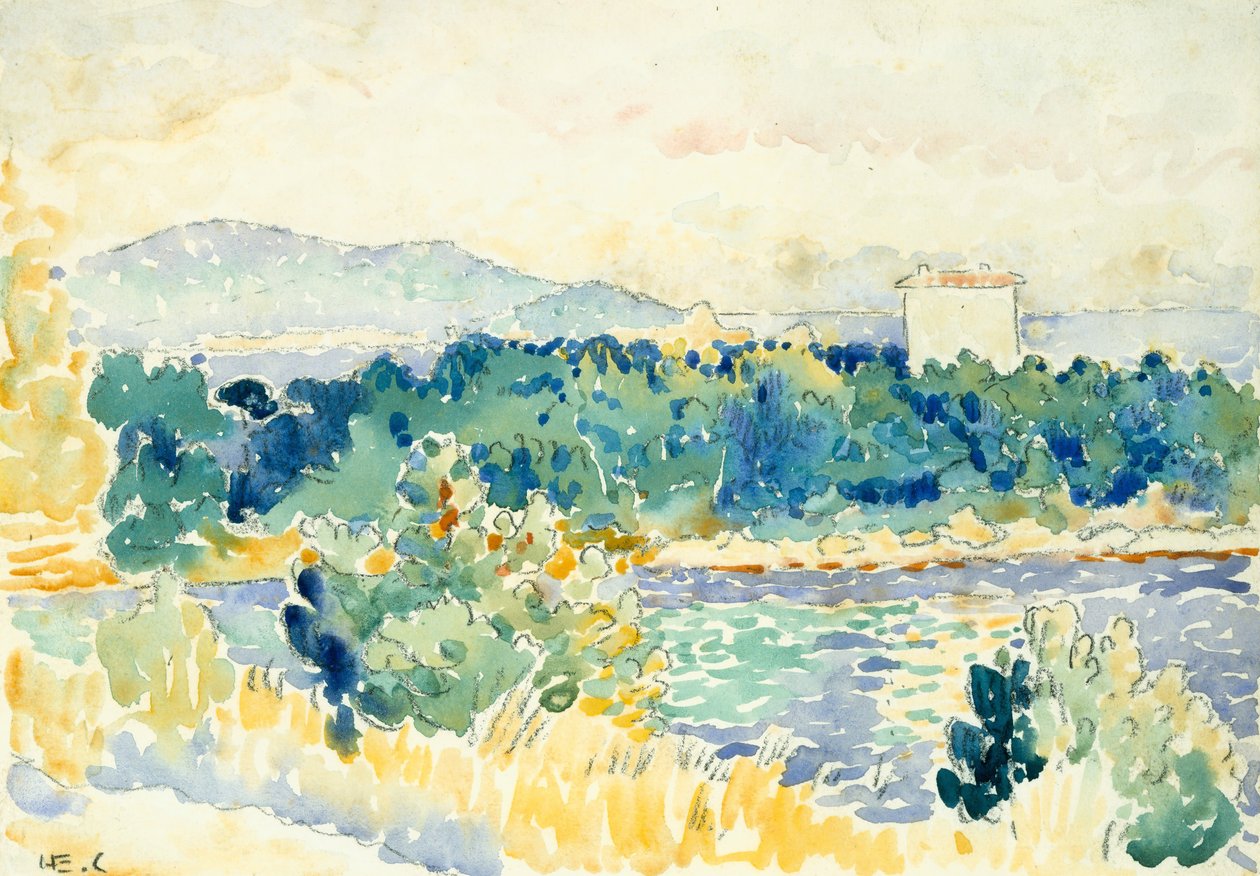 Middelhavslandskab med et hvidt hus, 1900-1905. af Henri Edmond Cross