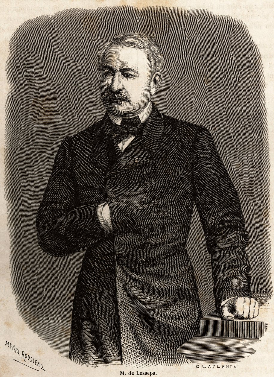Portræt af Ferdinand de Lesseps (1805-1894) diplomat og iværksætter, initiativtager til de to ambitiøse projekter: Kanalerne i Suez og Panama, tegning af Henri Rousseau, for at illustrere en udflugt til Suez-kanalen i 1862 af Paul Merruau. Indgravering i " af Henri Emilien Rousseau