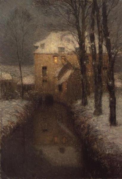 Et hus om vinteren (olie på lærred) af Henri Eugene Augustin Le Sidaner