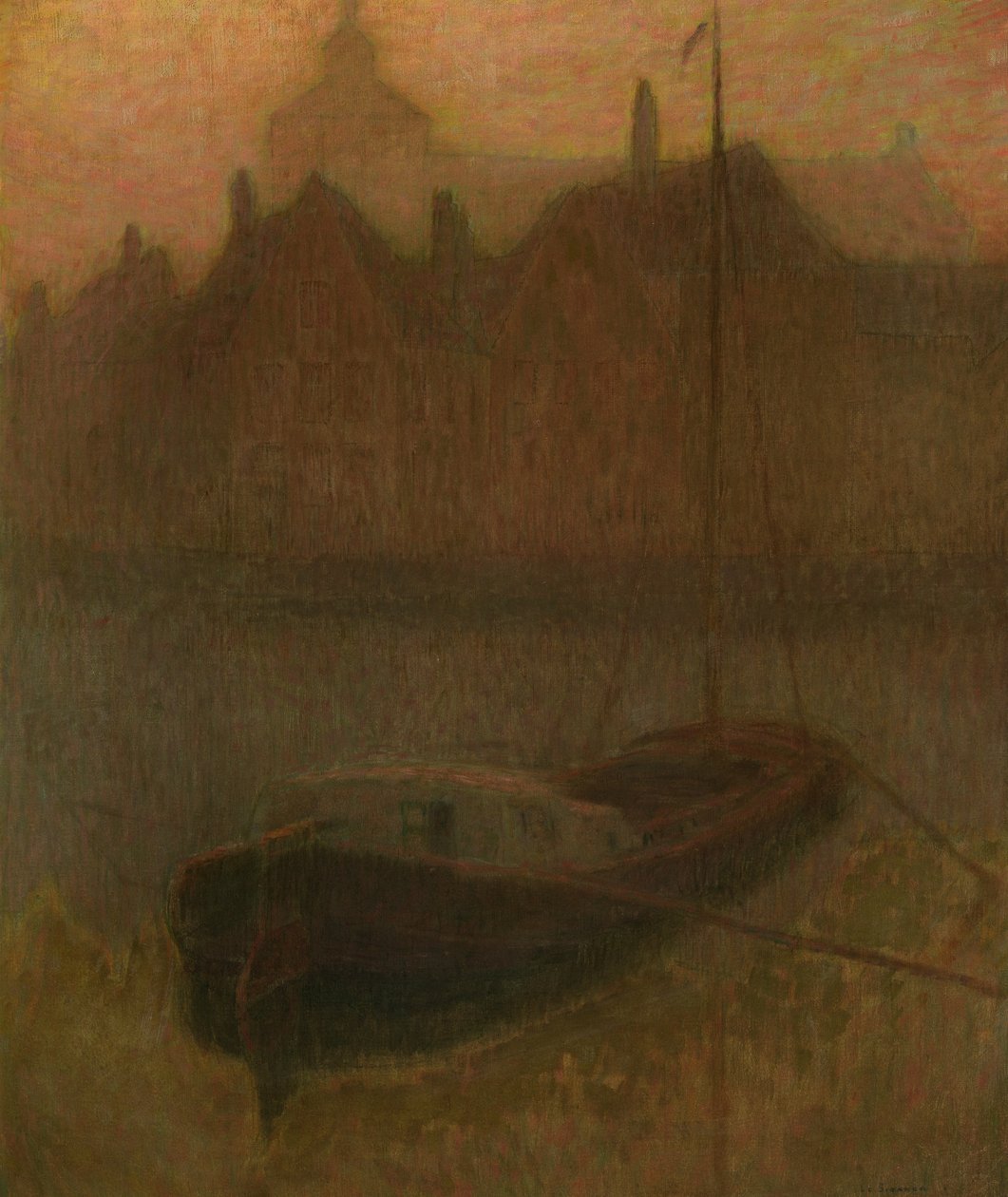 Båd på kanalen (morgen) (olie på lærred) af Henri Eugene Augustin Le Sidaner