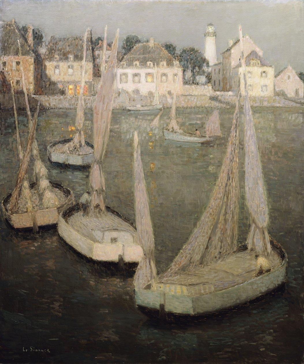 Breton Port by Moonlight; Port Breton af Moonlight af Henri Eugene Augustin Le Sidaner