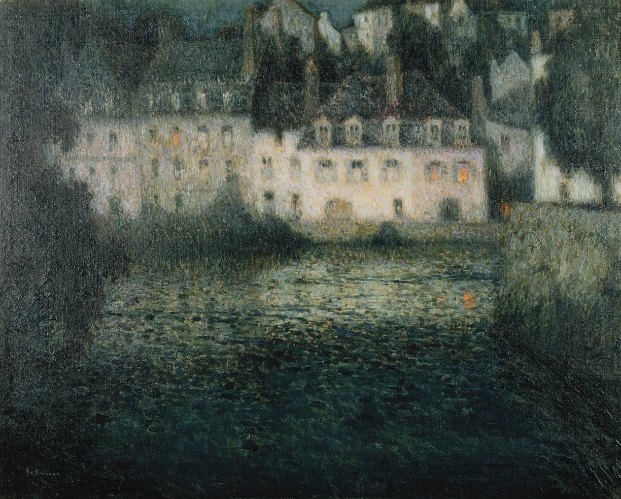 Hus ved floden i måneskin; Hus ved Moonlight River, Quimperle af Henri Eugene Augustin Le Sidaner