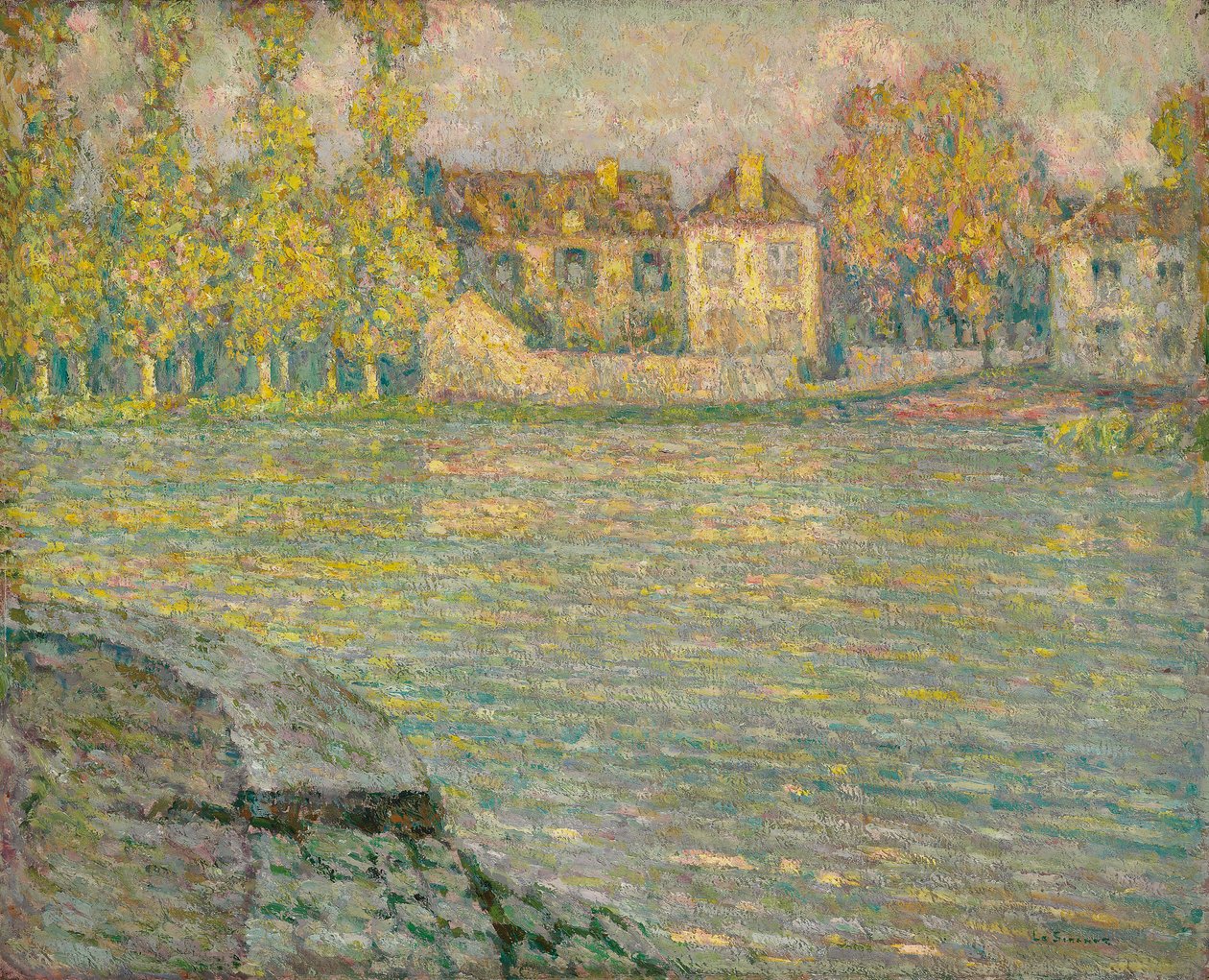Huse ved floden ved solnedgang, Moret; Huse ved floden ved solnedgang, Moret af Henri Eugene Augustin Le Sidaner