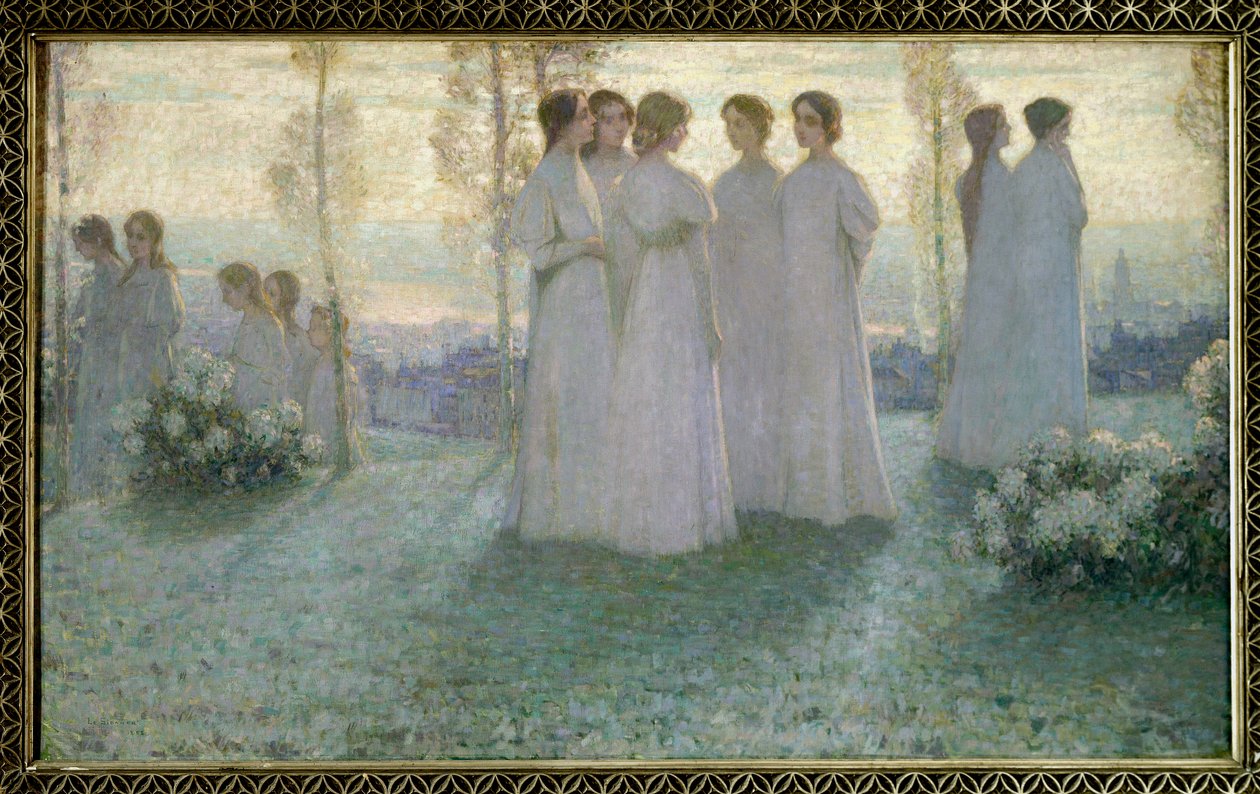 I søndags taler kvinde klædt i hvidt i en have - Maleri af Henri Eugene (Henri-Eugene) Le Sidaner (1862-1939) af Henri Eugene Augustin Le Sidaner