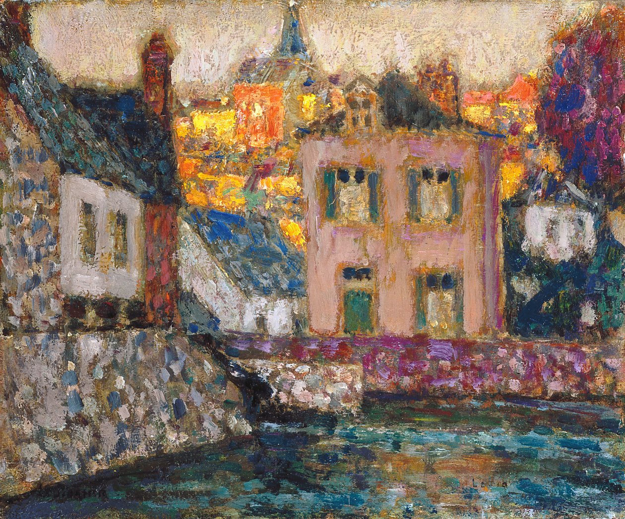Studie til huse ved floden ved Fougères af Henri Eugene Augustin Le Sidaner