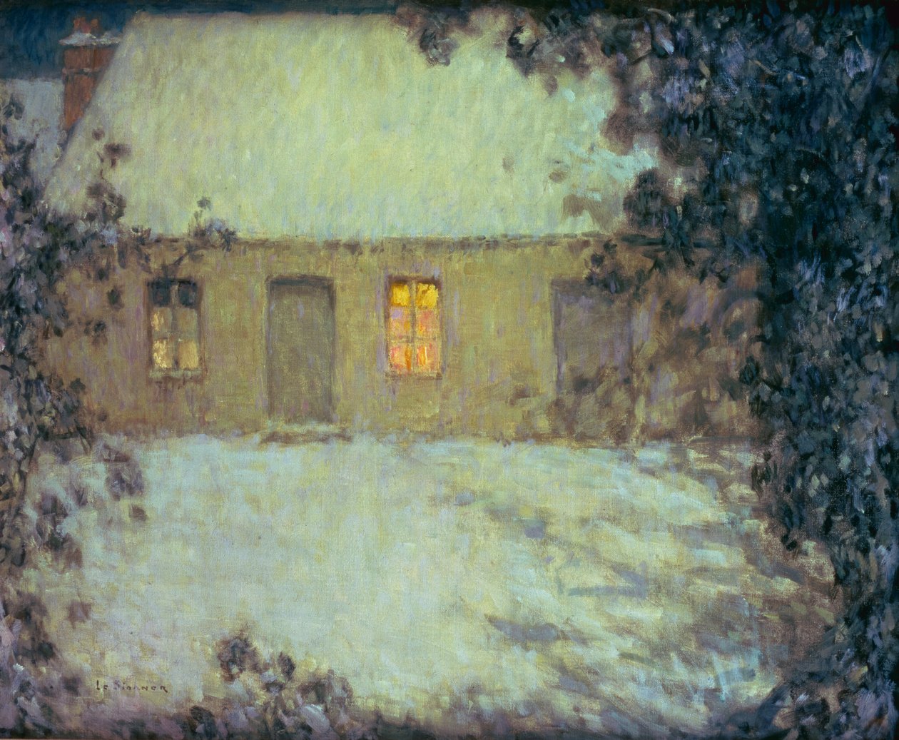 Stråtækt sommerhus under sneen (olie på lærred) af Henri Eugene Augustin Le Sidaner