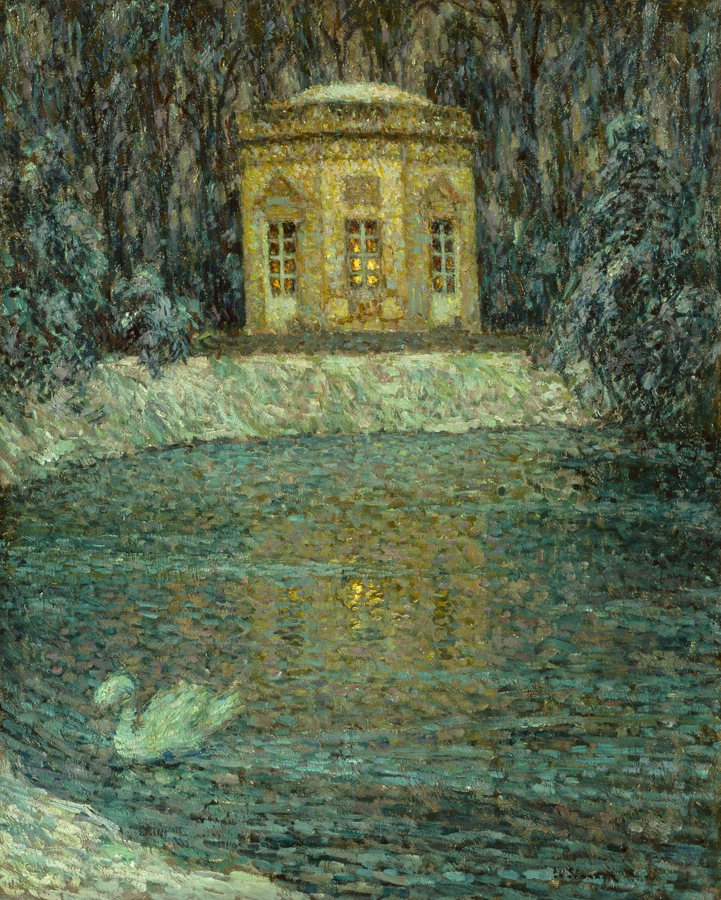Musikpavillonen under sneen (olie på lærred) af Henri Eugene Augustin Le Sidaner