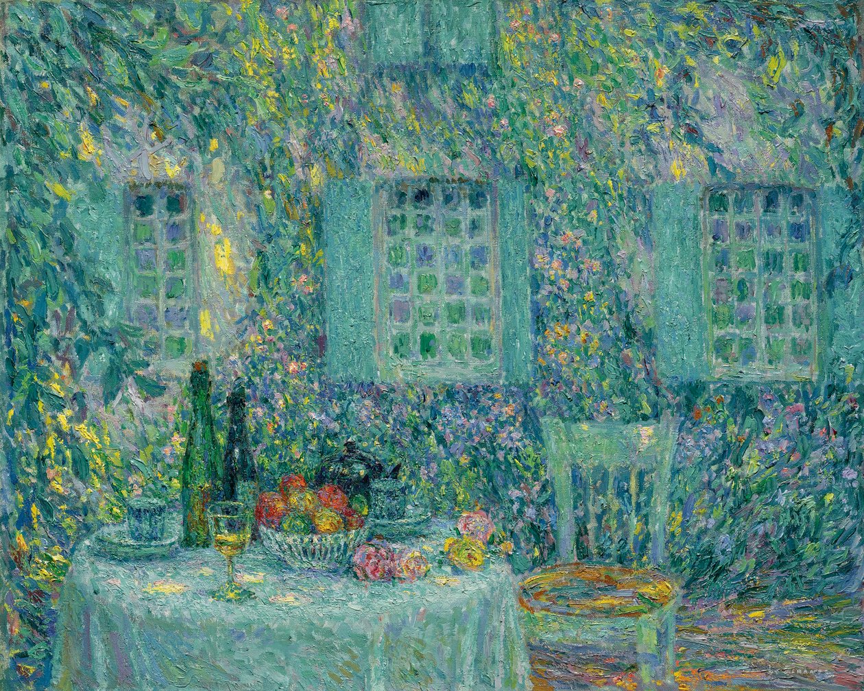 Bordet. Solen på bladene, Gerberoy - Peinture de Le Sidaner, Henri (1862-1939) af Henri Eugene Augustin Le Sidaner