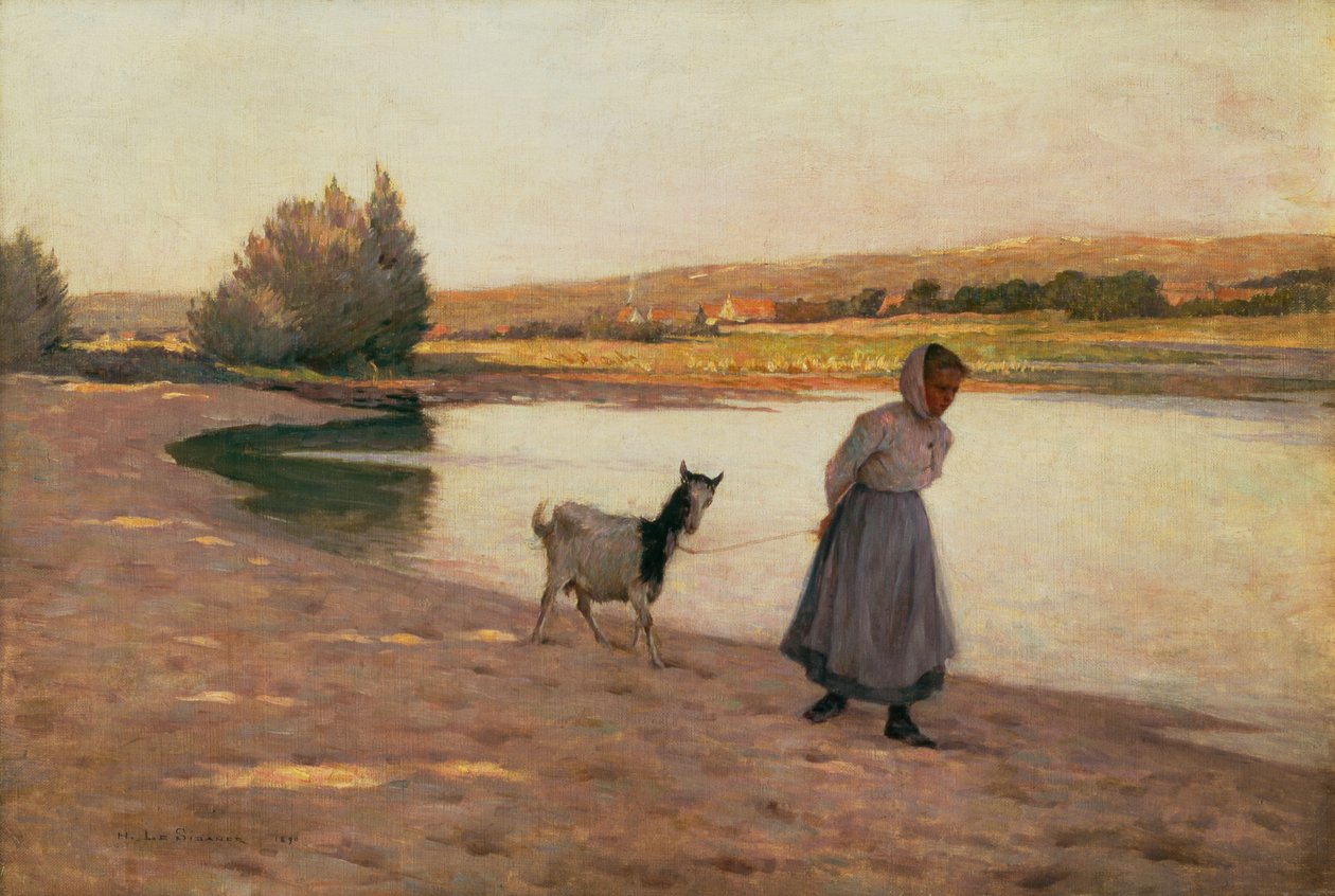 Kvinde trækker en ged af Henri Eugene Augustin Le Sidaner