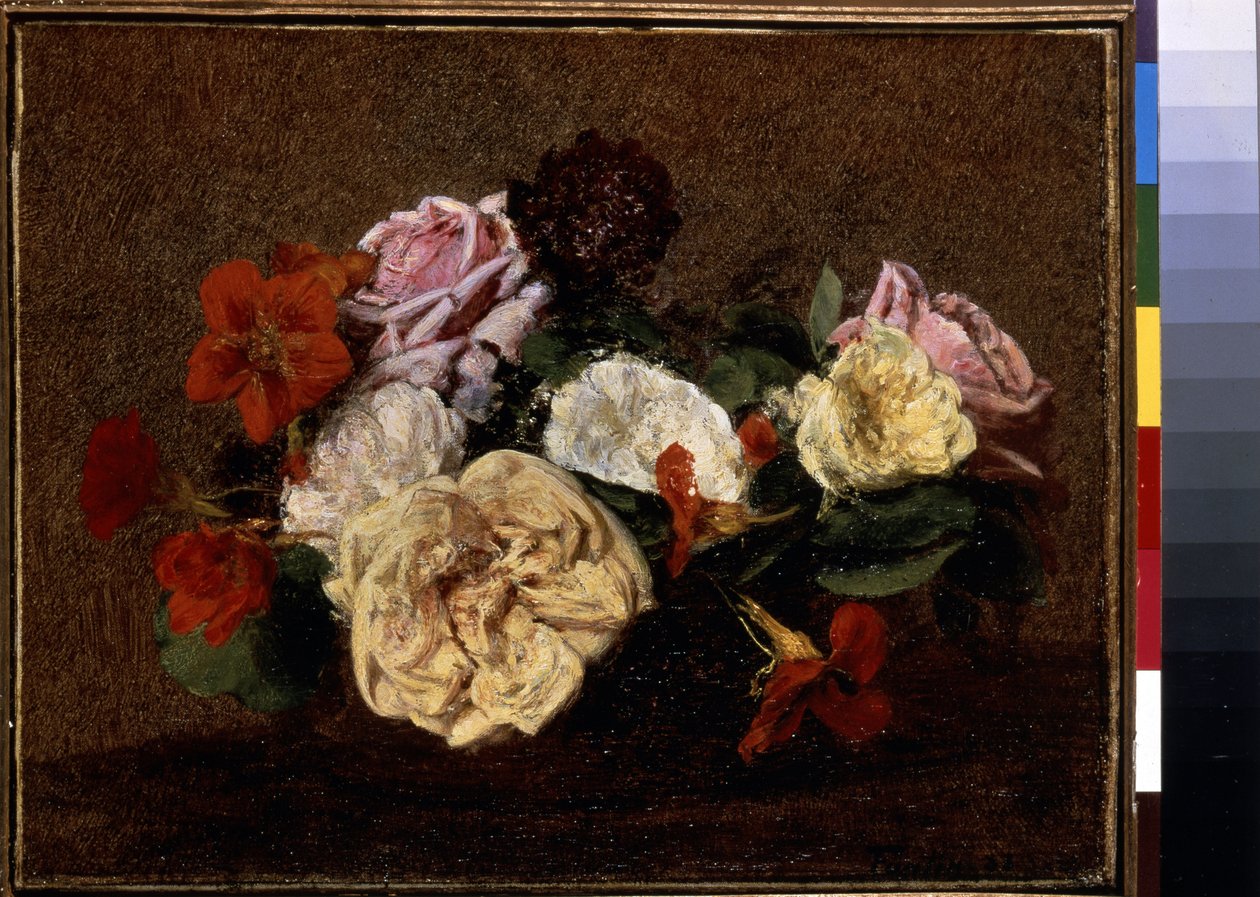 Roser og Nasturtiums i en vase. Maleri af Henri Fantin-Latour (Fantin Latour af Ignace Henri Jean Fantin Latour