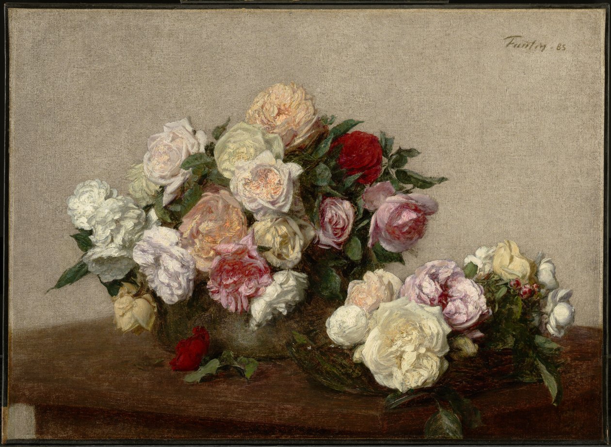 Roser i en skål og på et fad af Henri Fantin-Latour