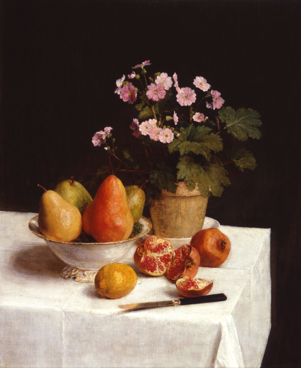 Nature morte (primula, pærer og granatæbler) Stilleben (primula, pærer og granatæbler) af Henri Fantin-Latour