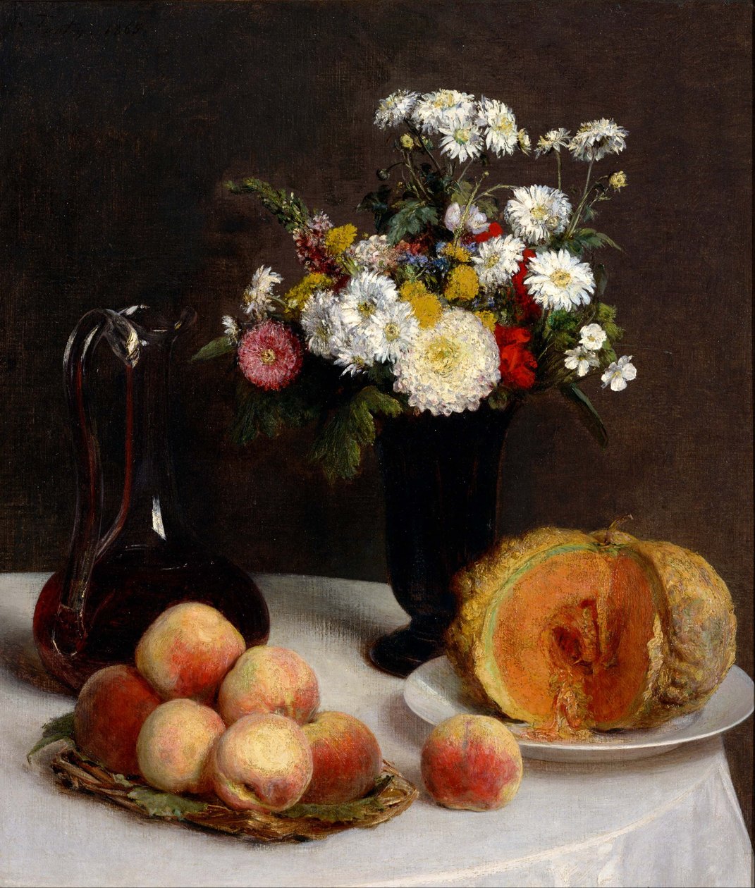 Stilleben med blomster, frugt og vinbeholdere. af Henri Fantin Latour