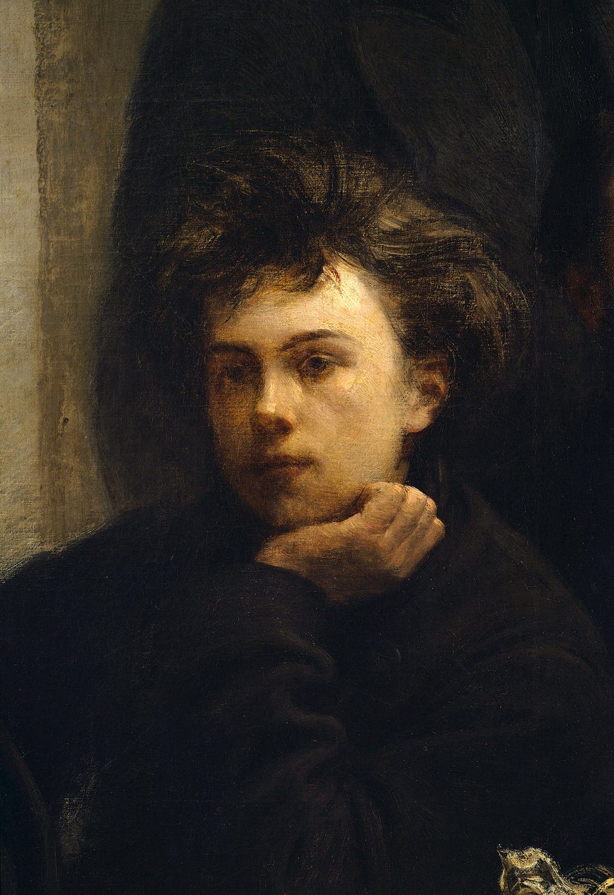 Et hjørnebord, detalje. Portræt af Arthur Rimbaud (1854 - 1891), fransk digter. Maleri af Henri Fantin Latour (Fantin-Latour af Ignace Henri Jean Fantin Latour