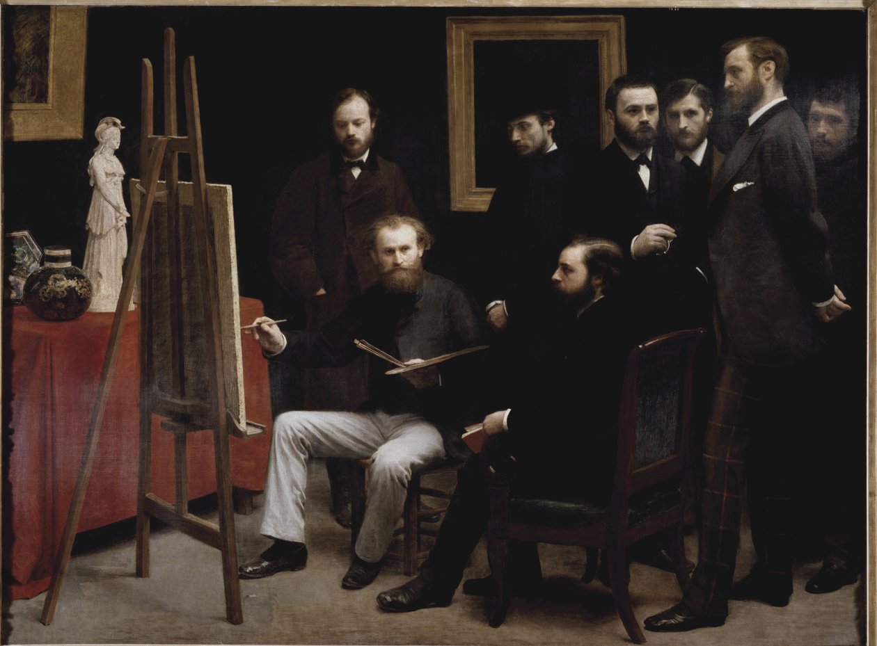 Et værksted på Batignolles (med flere portrætter af kunstnere) (olie på lærred af Ignace Henri Jean Fantin Latour