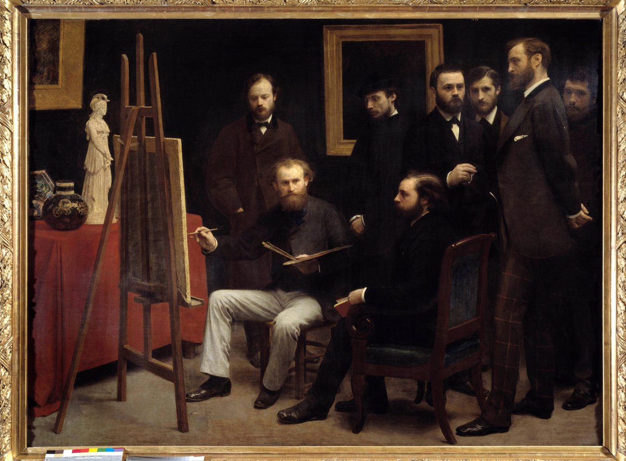 En workshop på Batignolles. Blandt de tilstedeværende personer: Otto Scholderer, Edouard Manet (1832-1883), der sidder i midten, Pierre Auguste Renoir (1841-1919), Zacharie Astru (1835-1907), Emile Zola (1840-1902), Edmond Maitre (1840- 1888), Frederic Baz af Ignace Henri Jean Fantin Latour