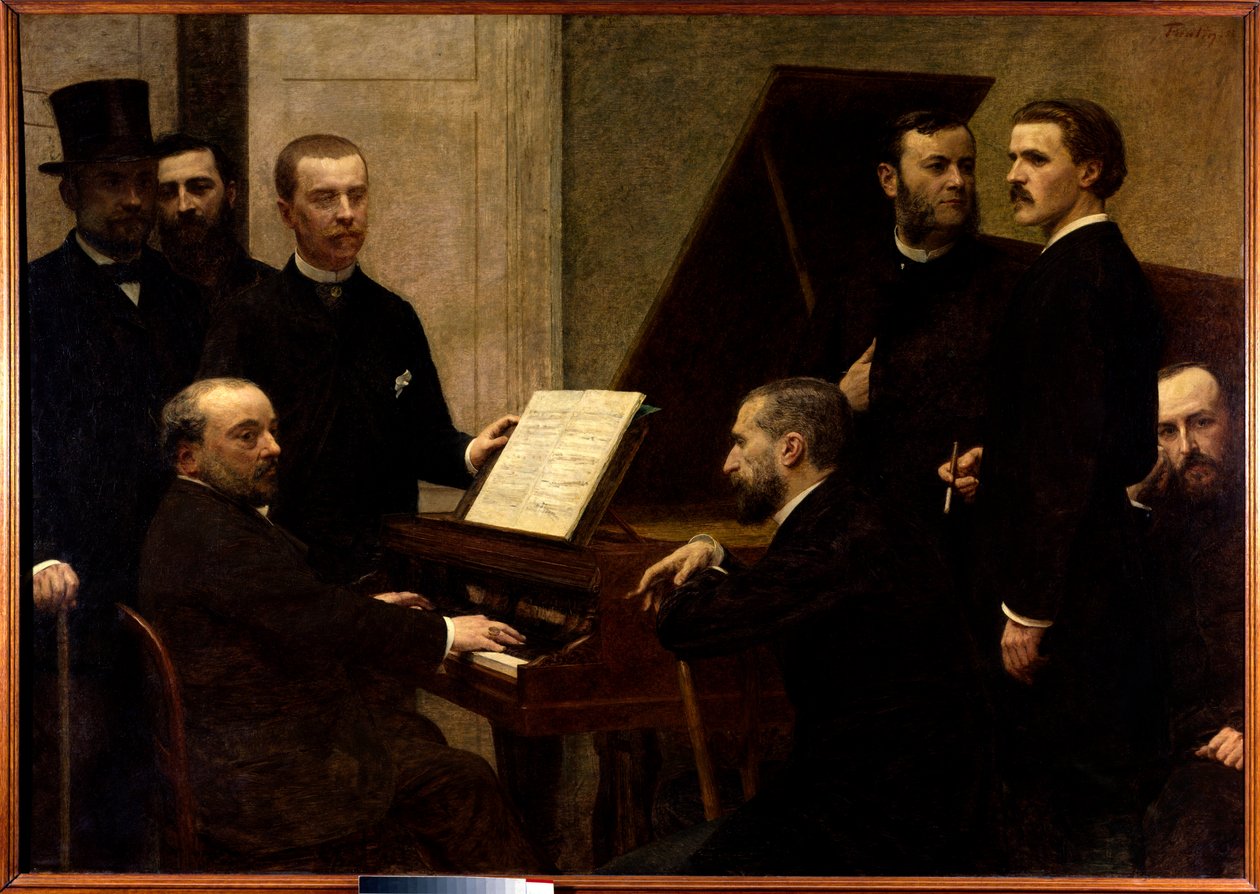 Omkring klaveret Siddende fra venstre mod højre, Emmanuel Chabrier, Edmond Maitre og Amedee Pigeon. Standing, Adolphe Julien, Arthur Boisseau, Camille Benoit, Antoine Lascoux og Vincent d