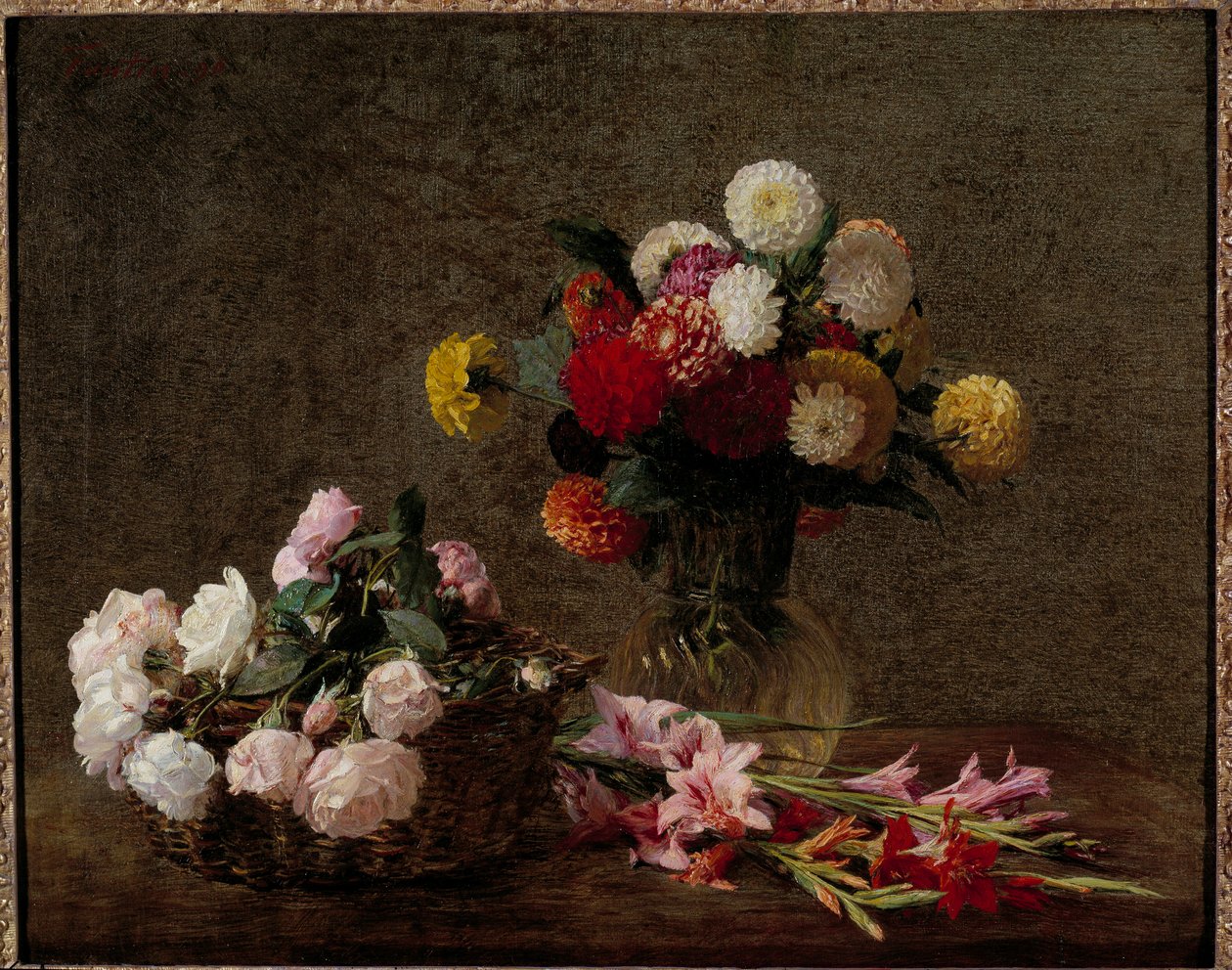 Dahliaer og roser i en kurv Maleri af Henri Fantin Latour (Fantin-Latour af Ignace Henri Jean Fantin Latour