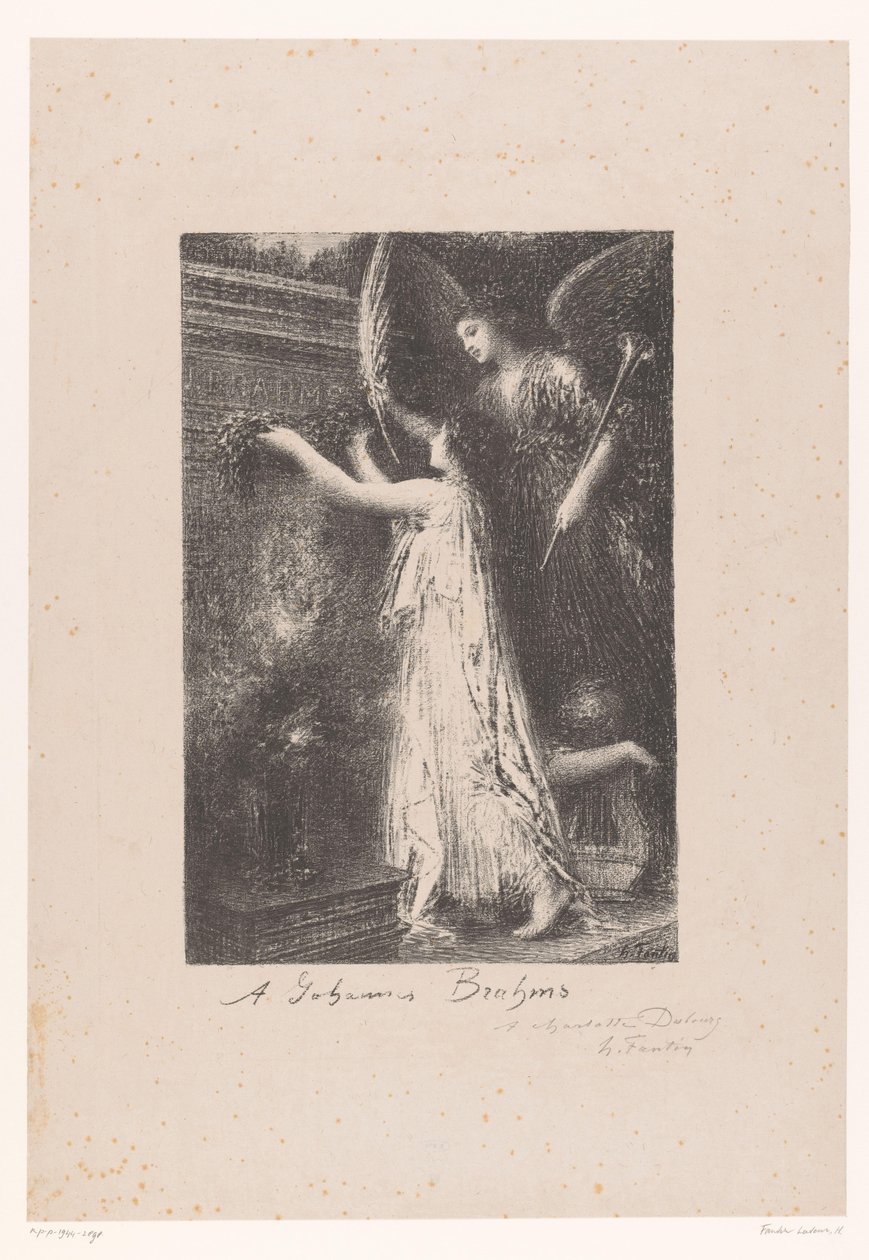 Engel og berømmelsespersonificering bringer æreskrans ved Johannes Brahms grav Á Johannes Brahms (titel på objekt) af Ignace Henri Jean Fantin Latour