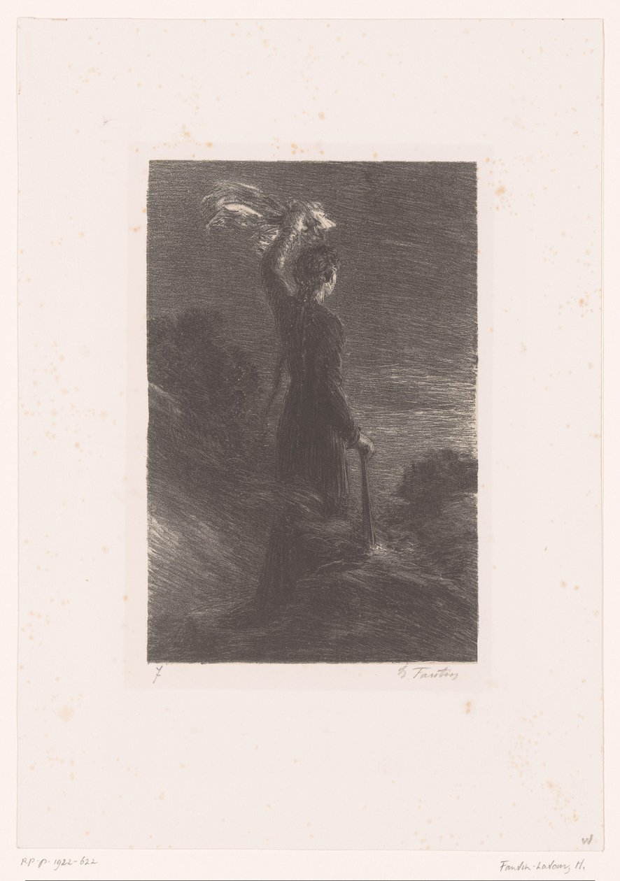 Isolde giver Tristan det aftalte signal Tristan et Iseult. Akt II. Signaldans om natten Richard Wagners liv og værker (serietitel) af Ignace Henri Jean Fantin Latour