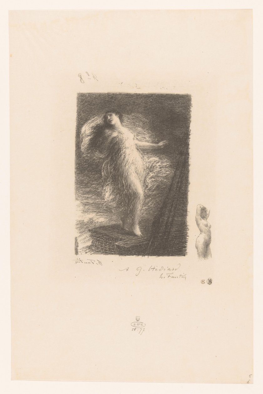 Jonge kvinde uit Taranto valt van de boeg fra et skib Den unge Tarentiner Elegy XX (i gammel stil) Gedichten van André Chénier (serietitel) Illustrationer til André Chéniers digte (serietitel) af Ignace Henri Jean Fantin Latour