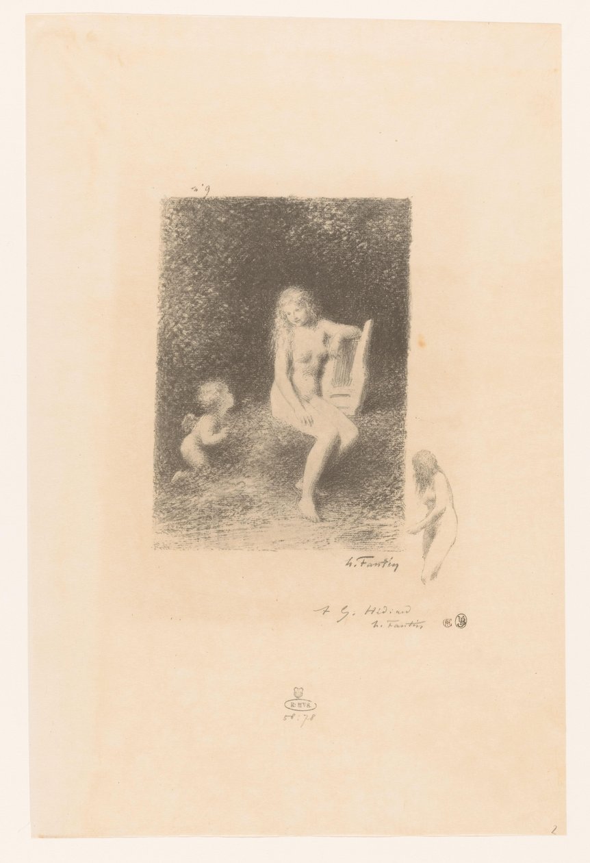 Muze van de muziek med Amor Dette er, hvad de næste Naiads sang XXI Gedichten van André Chénier (serietitel) Illustrationer til André Chéniers digte (serietitel) af Ignace Henri Jean Fantin Latour