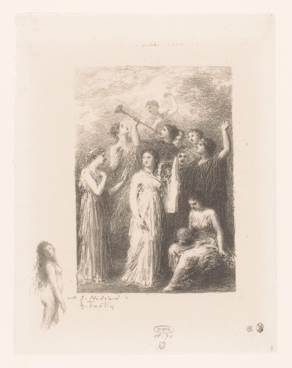 Negen muzen van de Olympus Frontispice: The Blind Gedichten van André Chénier (serietitel) Illustrationer til André Chéniers digte (serietitel) af Ignace Henri Jean Fantin Latour