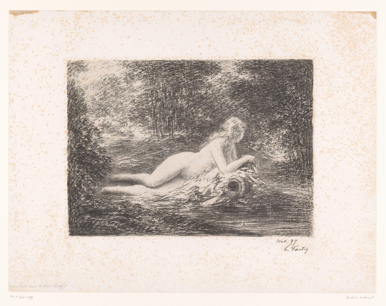 Nymfe med vandkande ved en skovstrøm La source dans les bois (titel på objekt) af Ignace Henri Jean Fantin Latour