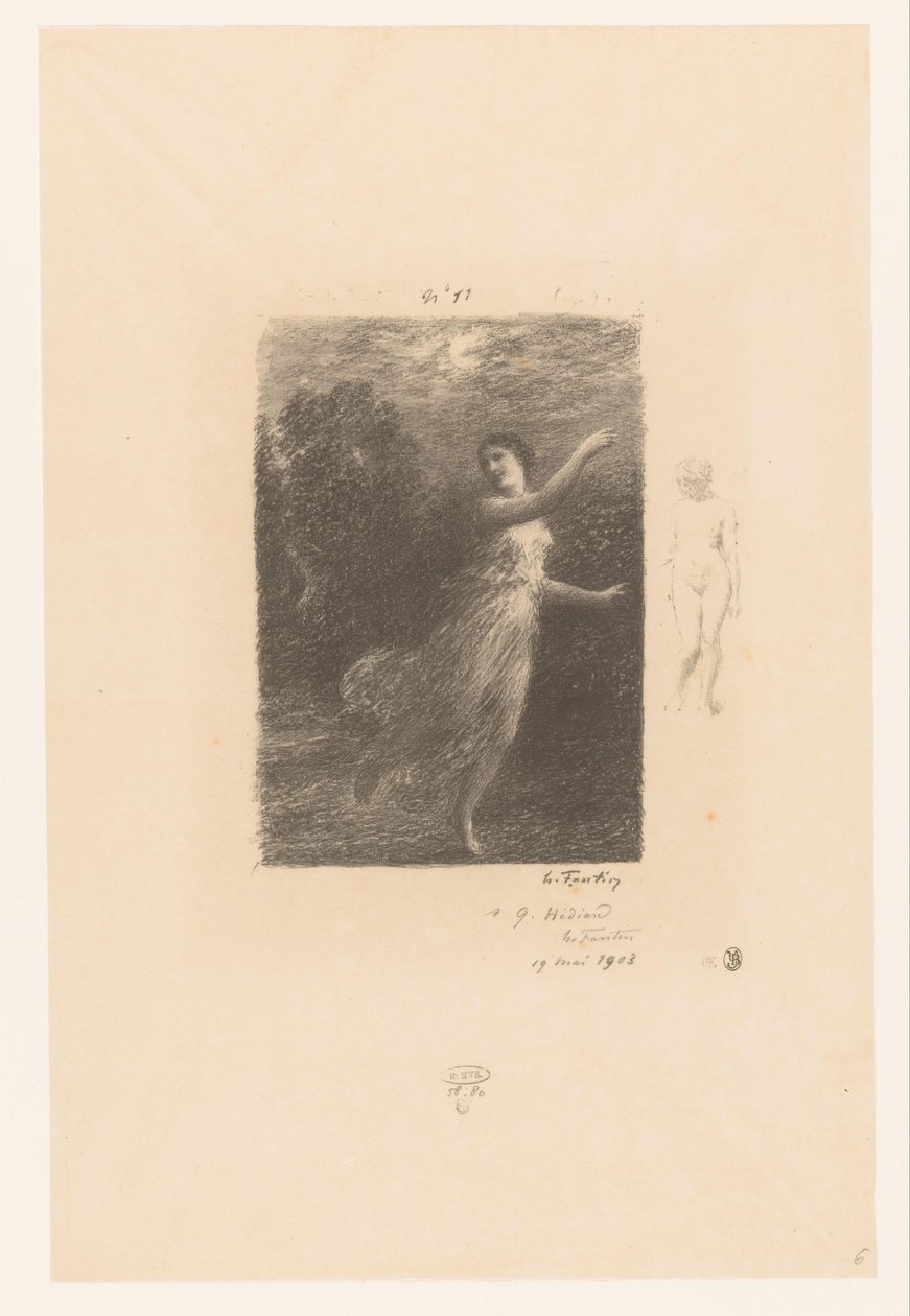 Nimf flight weg for sater Om natten den vandrende nymfe Bucolics. Idyller og brudstykker af idyller. XXIV Gedichten van André Chénier (serietitel) Illustrationer til André Chéniers digte (serietitel) af Ignace Henri Jean Fantin Latour